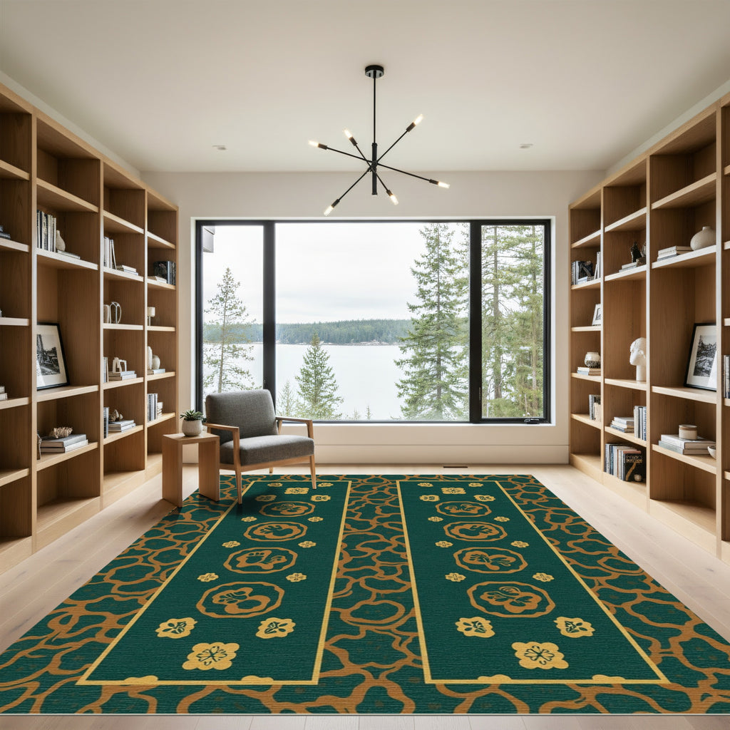 Deep Emerald Gold Bloom Columns Rug