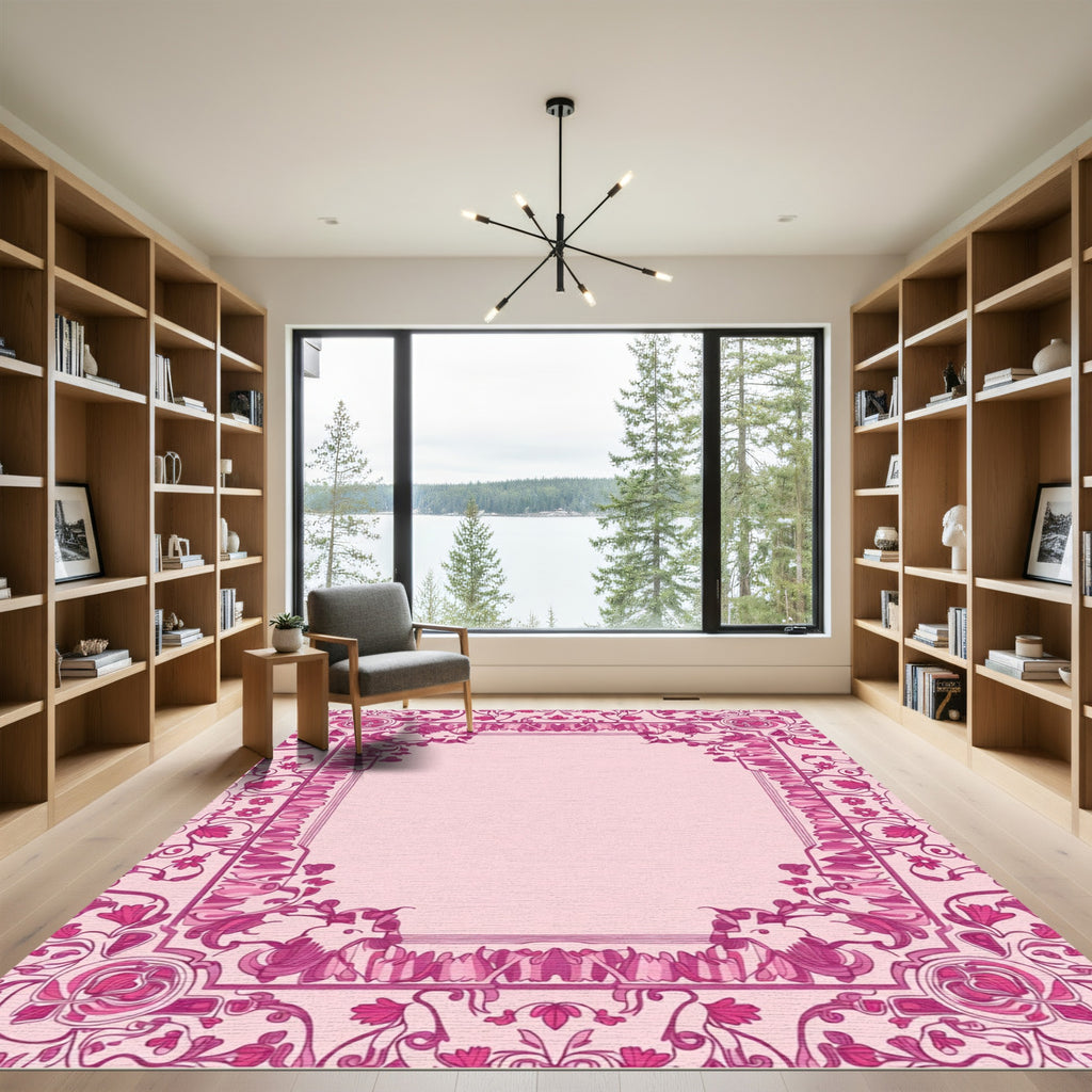 Art Nouveau Pink Floral Border Accent Rug