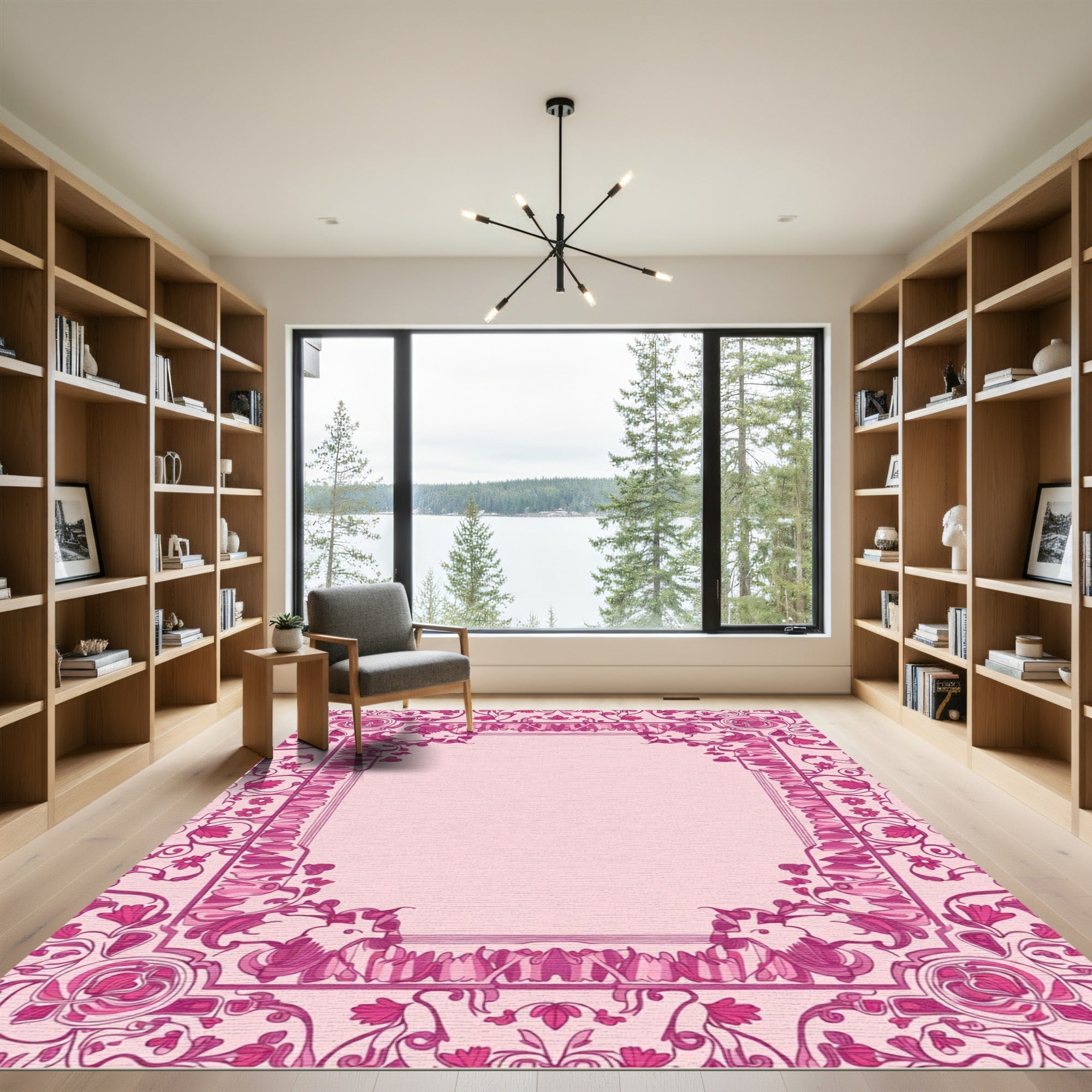Art Nouveau Pink Floral Border Accent Rug