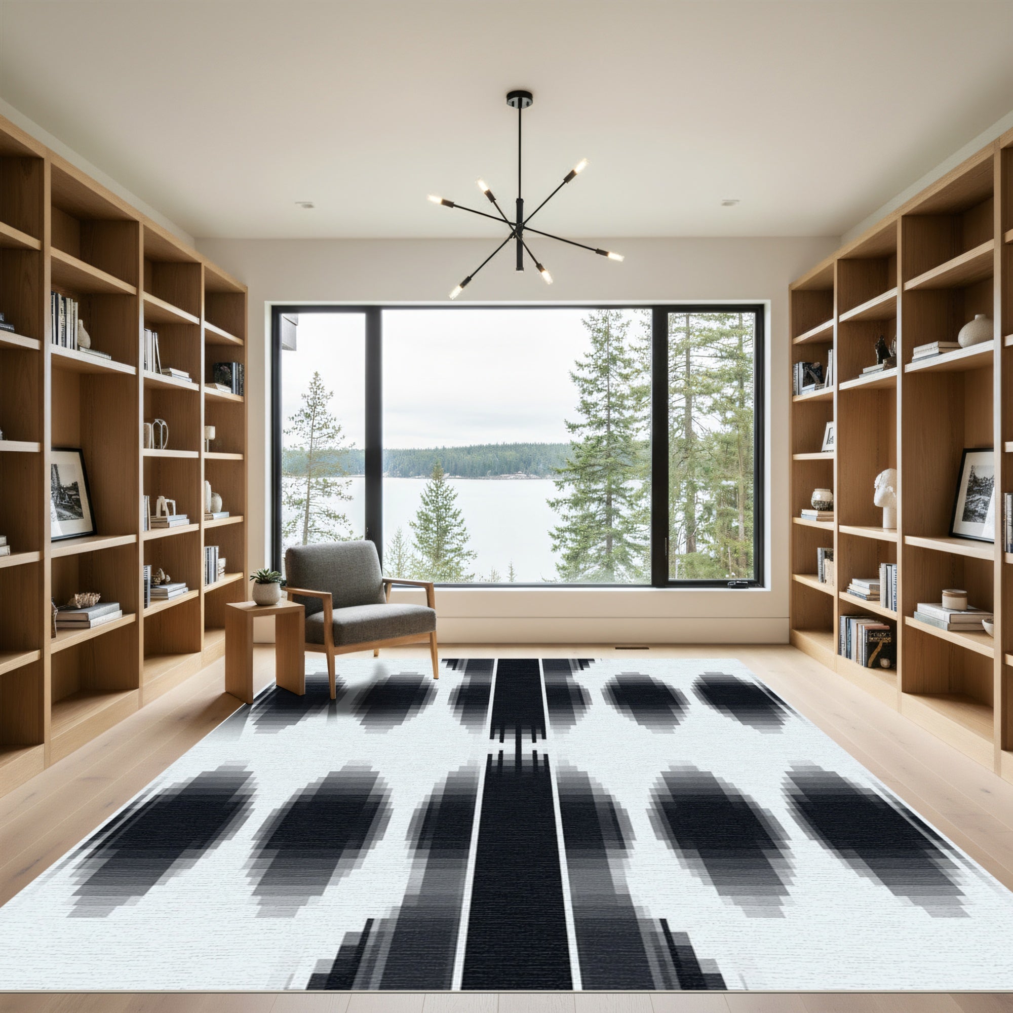 Dark Blue Pixelated Ovals and Stripes Rug