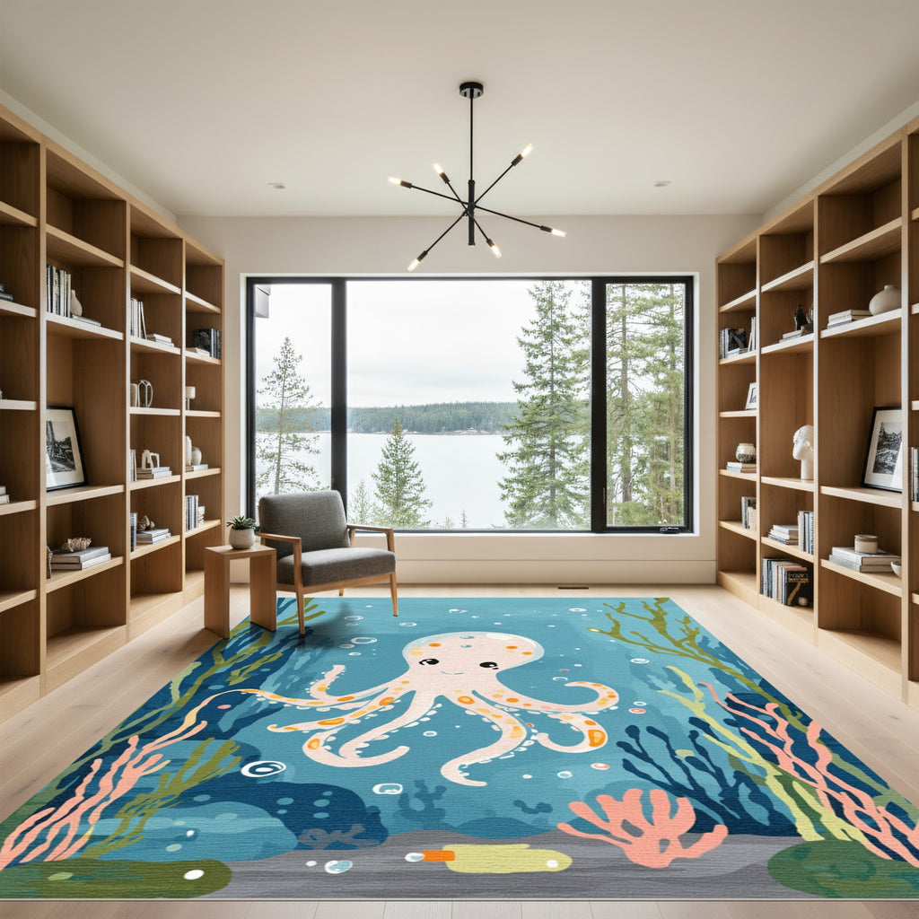 Cute Peach Octopus Underwater Coral Reef Rug