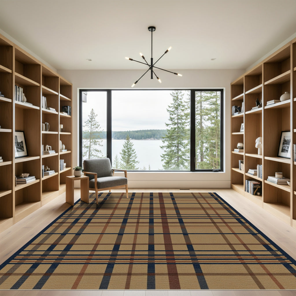 Classic Tan Plaid Tartan Grid Rug