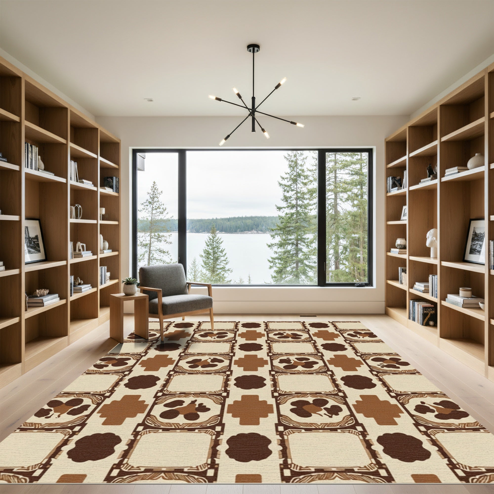 Earthy Brown Abstract Floral Medallion Rug