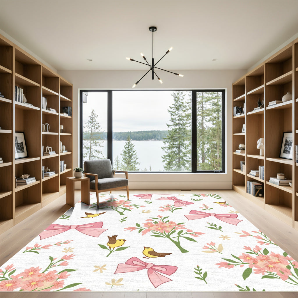 Sweet Pink Blossoms Birds Bows Rug