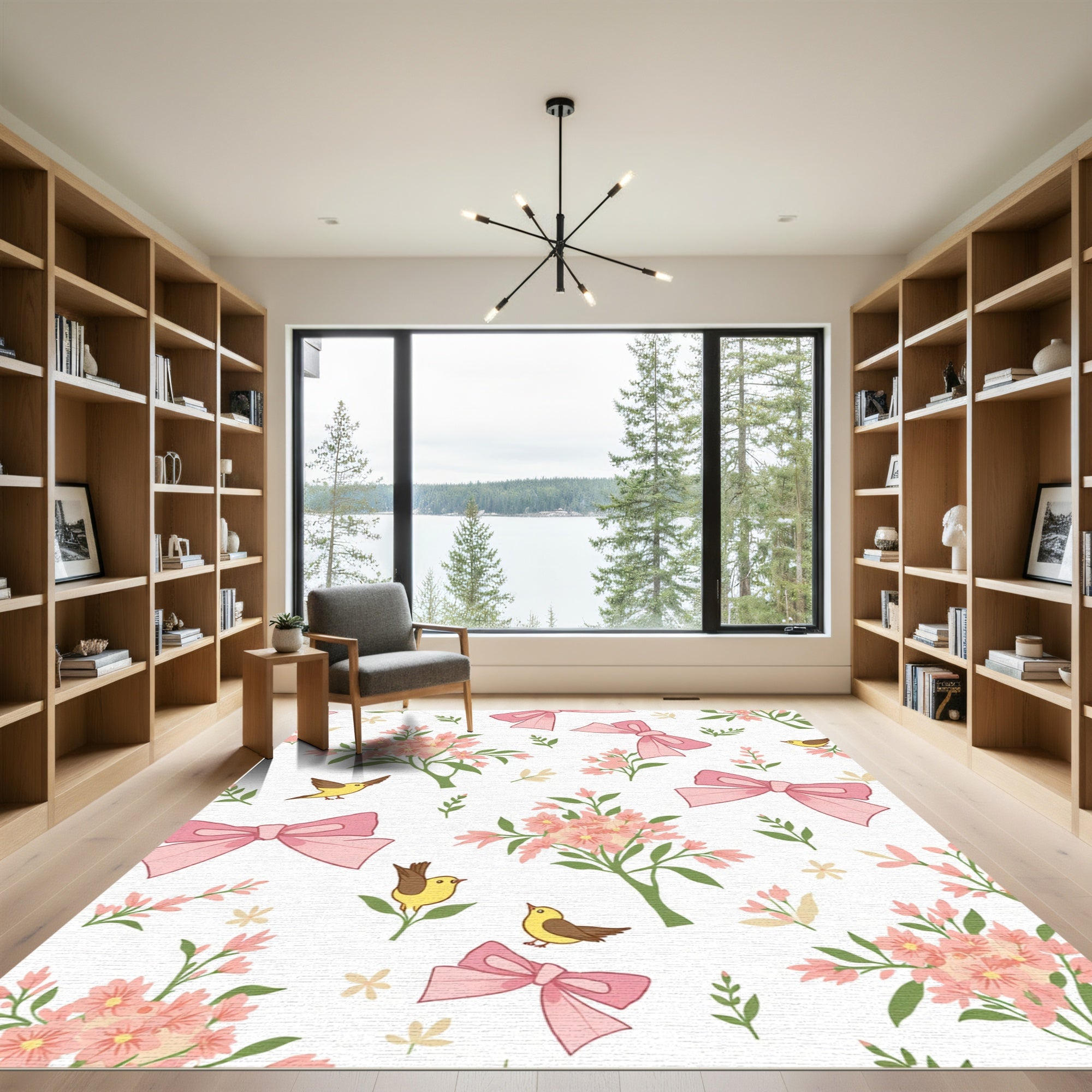 Sweet Pink Blossoms Birds Bows Rug