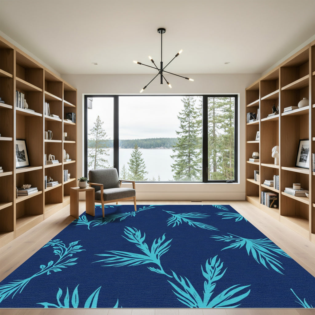 Teal Leafy Branches Navy Background Rug