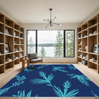 Teal Leafy Branches Navy Background Rug