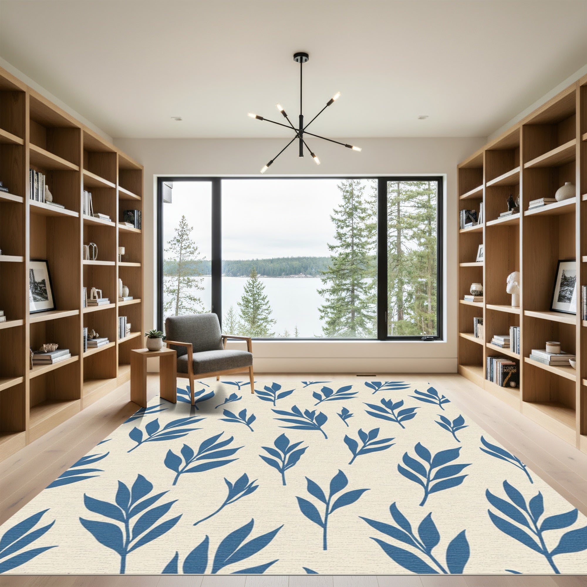 Deep Blue Foliage Silhouette Rug