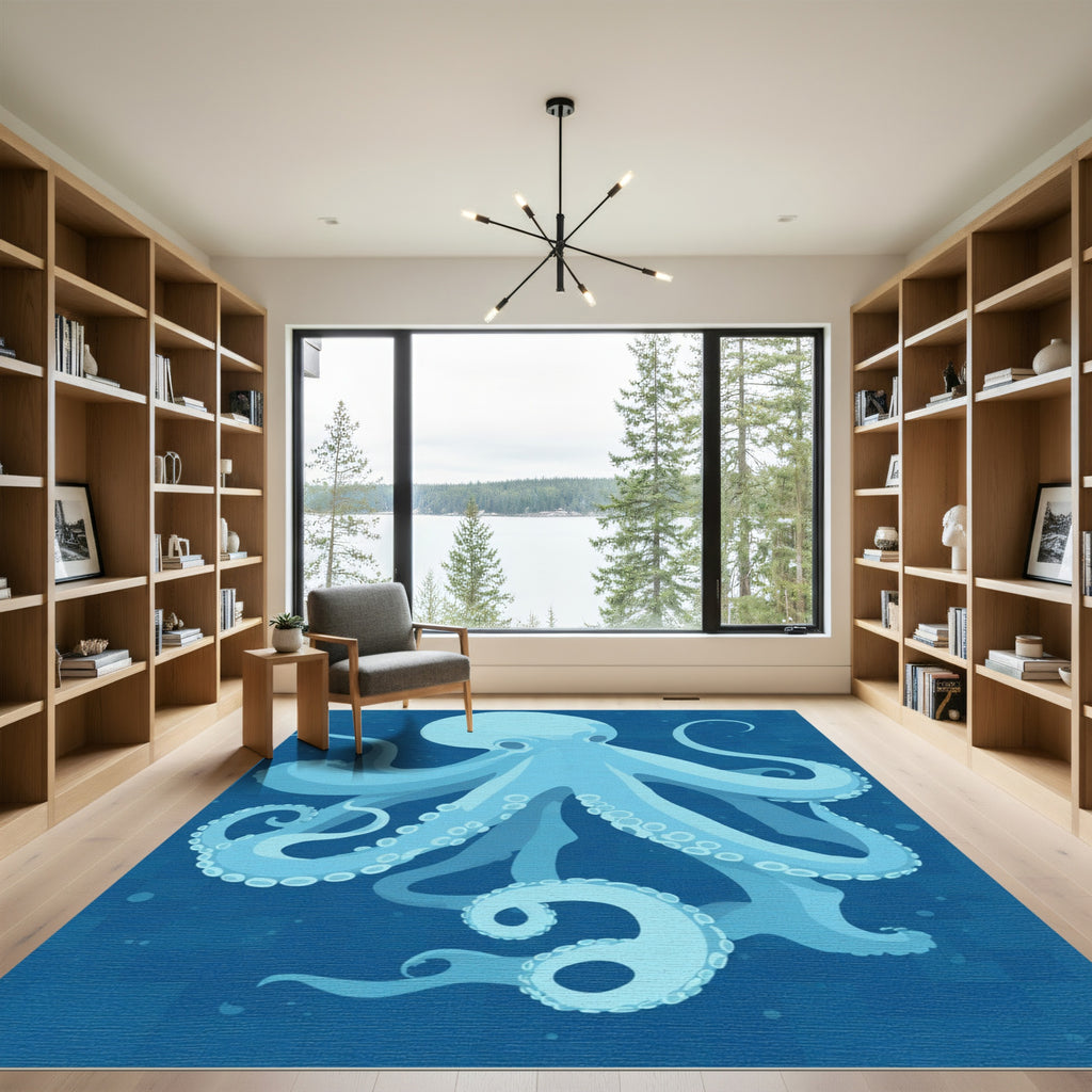 Aqua Blue Octopus Underwater Bloom Rug