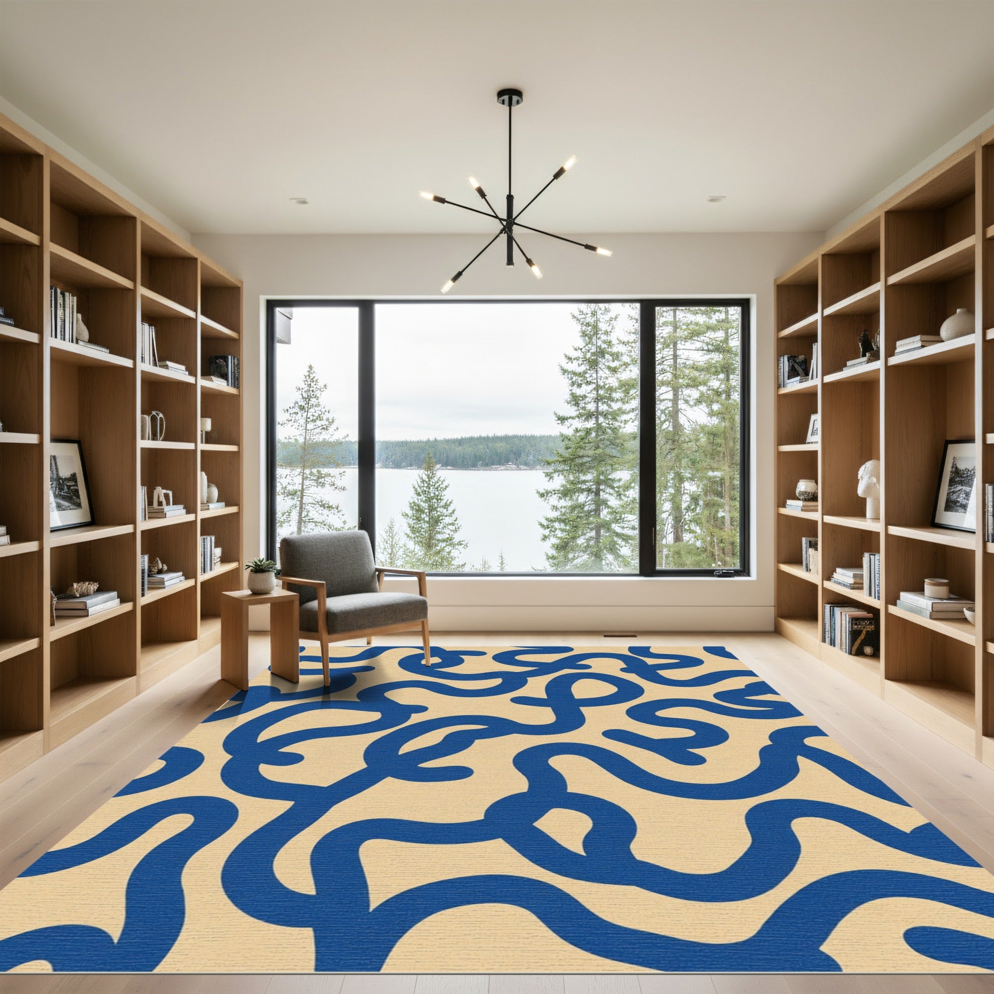 Navy Blue Abstract Continuous Line Rug