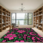 Vibrant Pink Floral Garden Black Rug