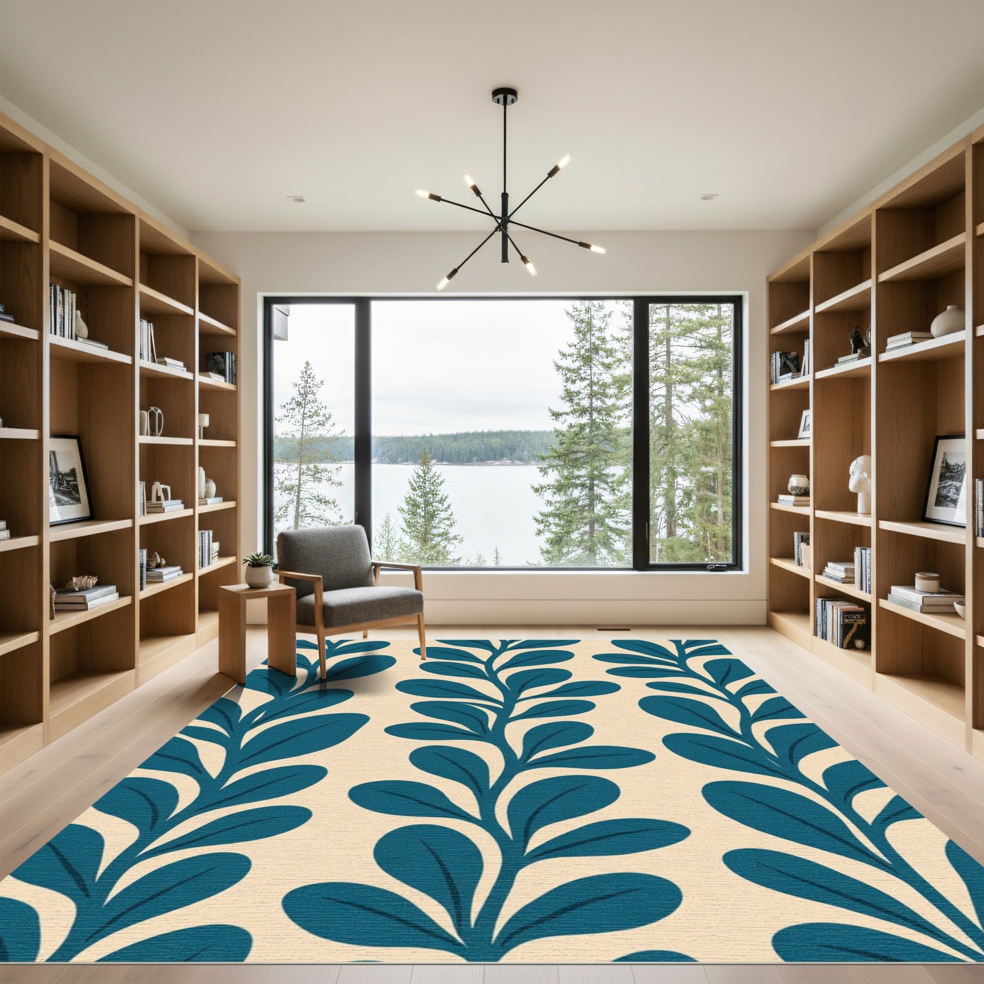 Teal Leafy Branch Midcentury Modern Rug