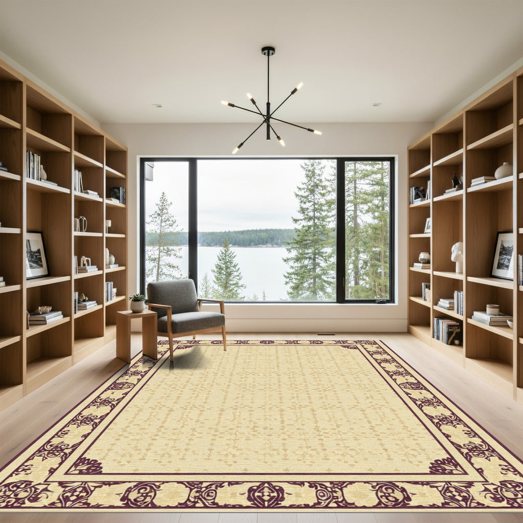 Rich Plum Floral Bordered Cream Rug