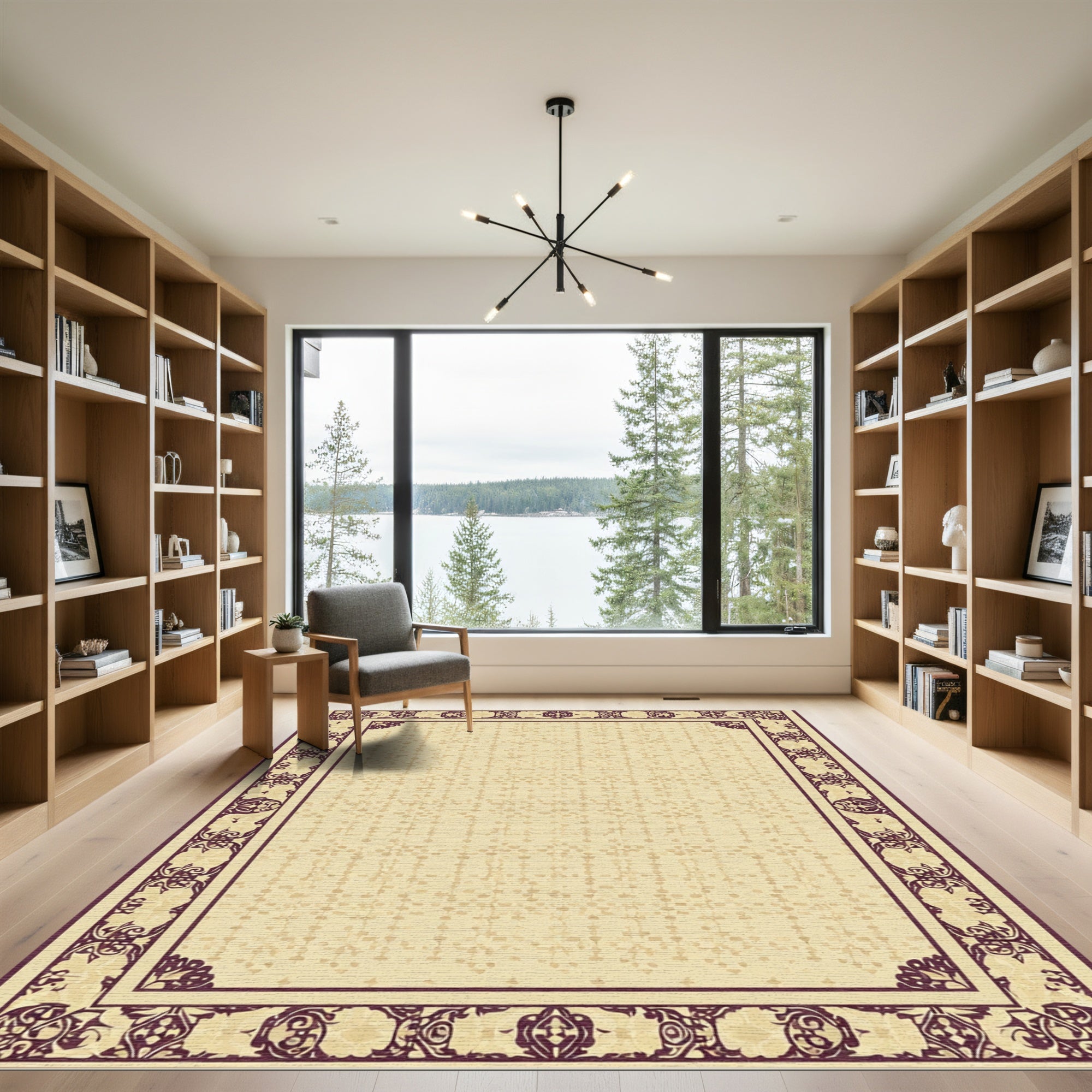 Rich Plum Floral Bordered Cream Rug