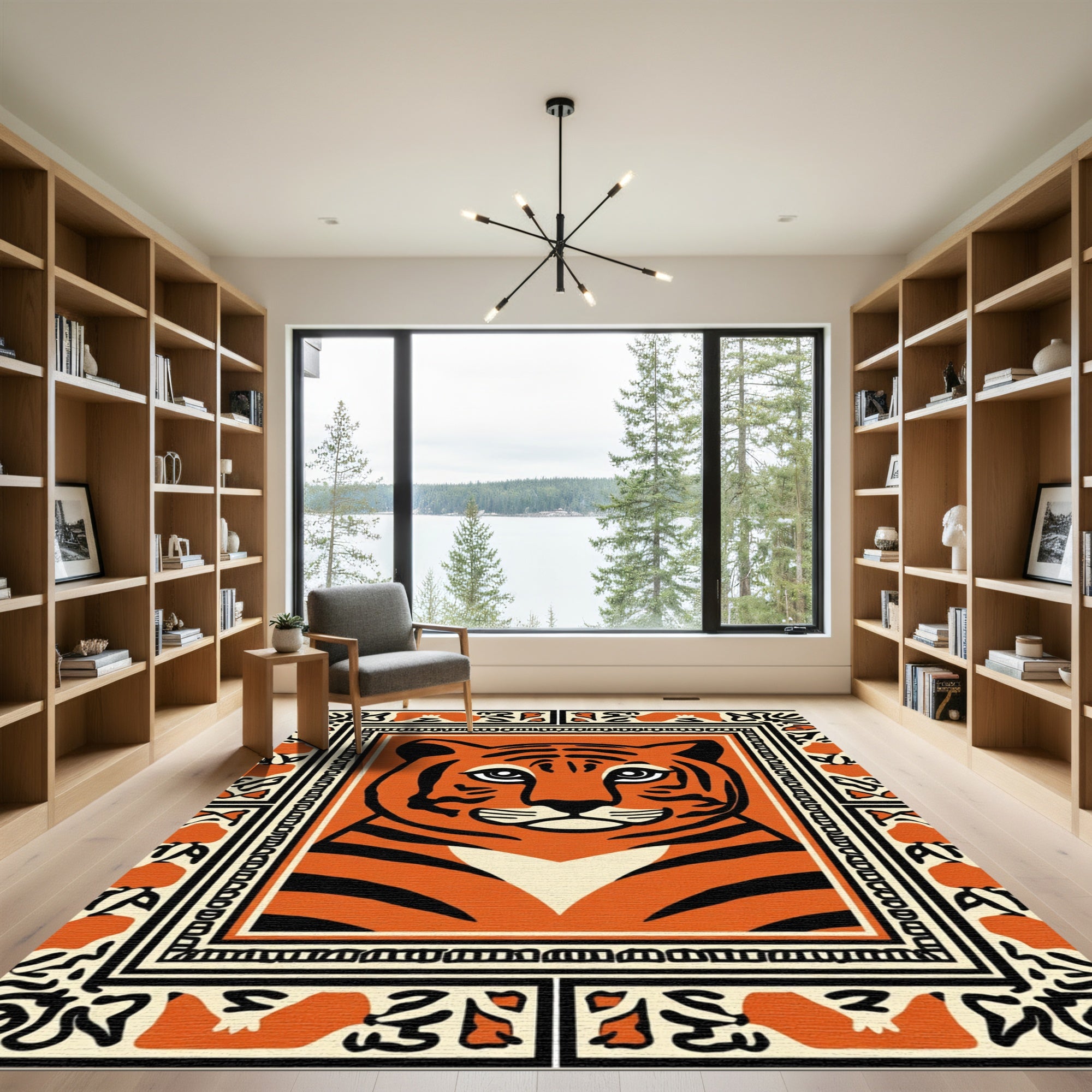 Bold Orange Tiger Face Border Rug