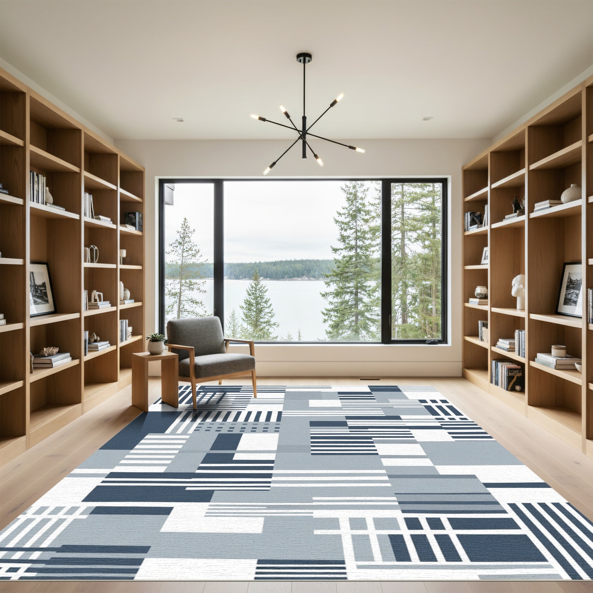 Abstract Geometric Navy Blue Blocks Rug