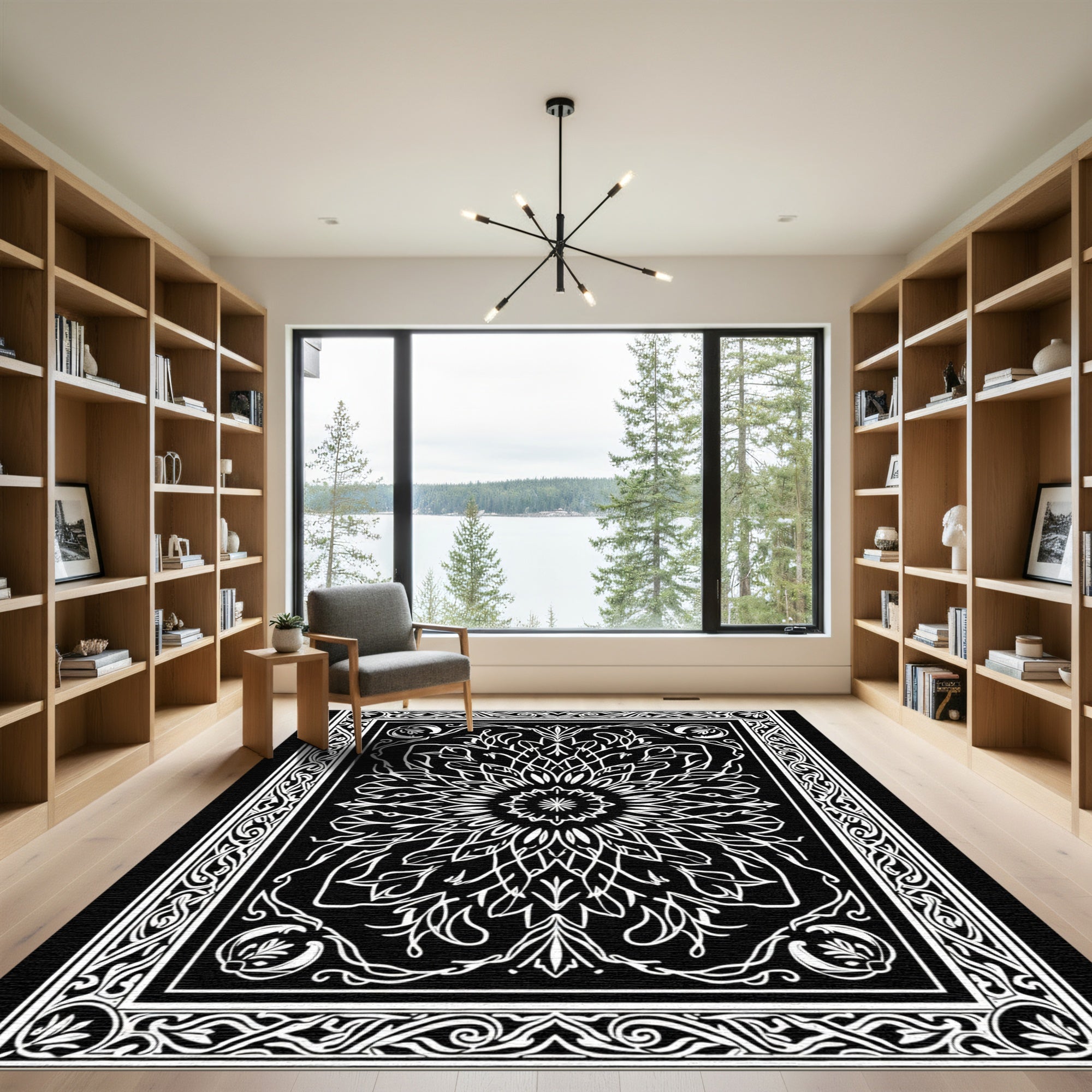 Monochromatic Floral Mandala Border Rug