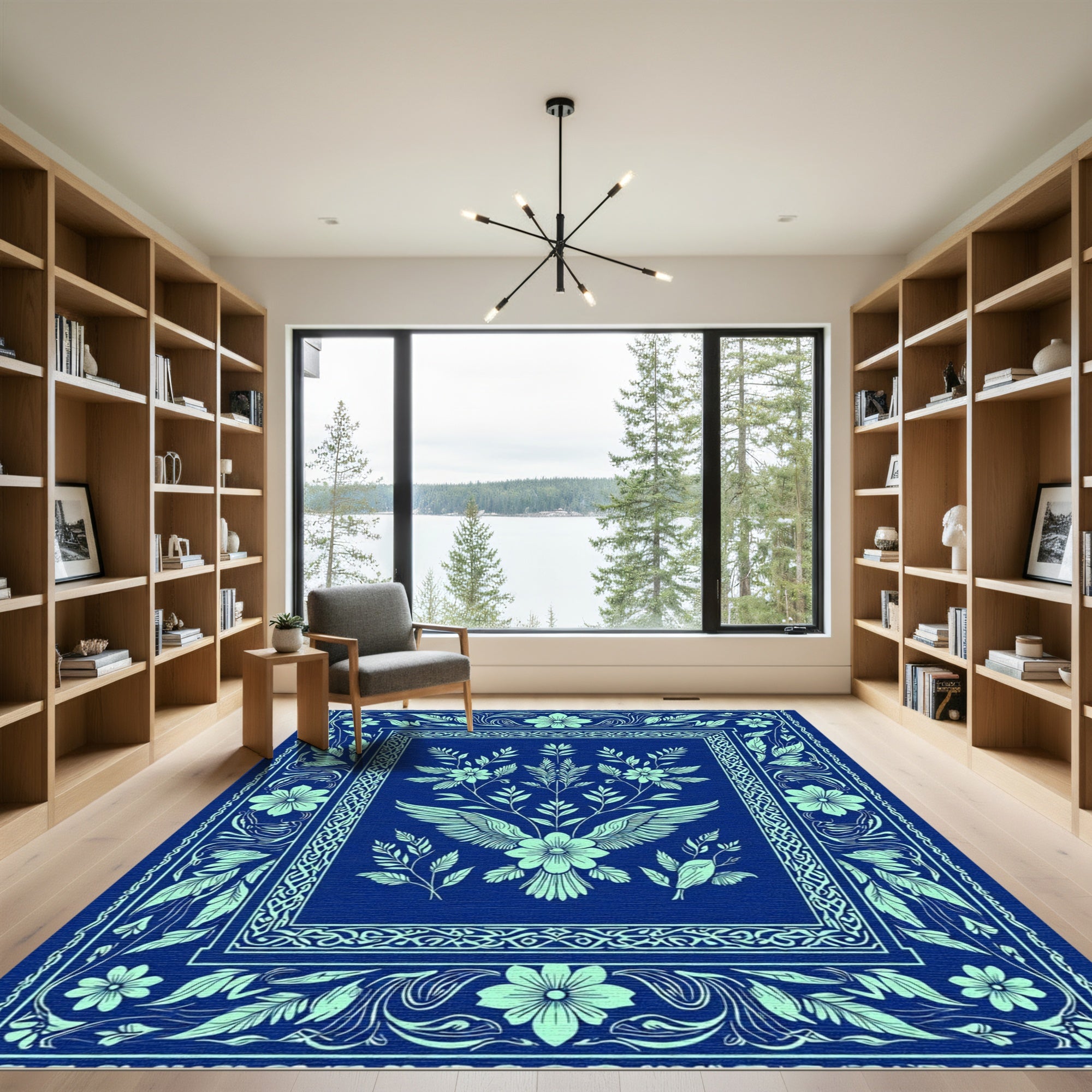 Navy Blue Teal Floral Bird Crest Rug