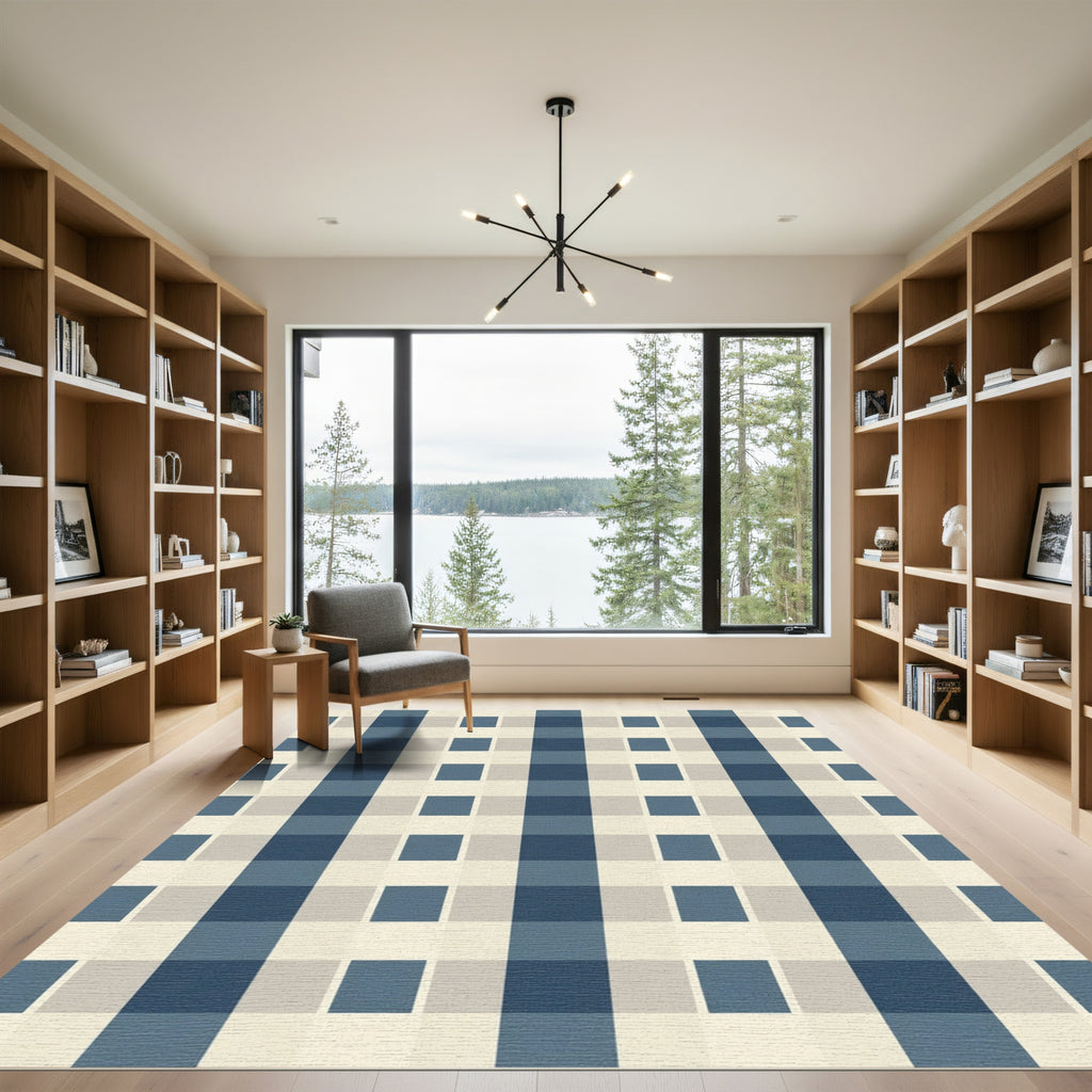 Classic Blue Beige Checkered Rug