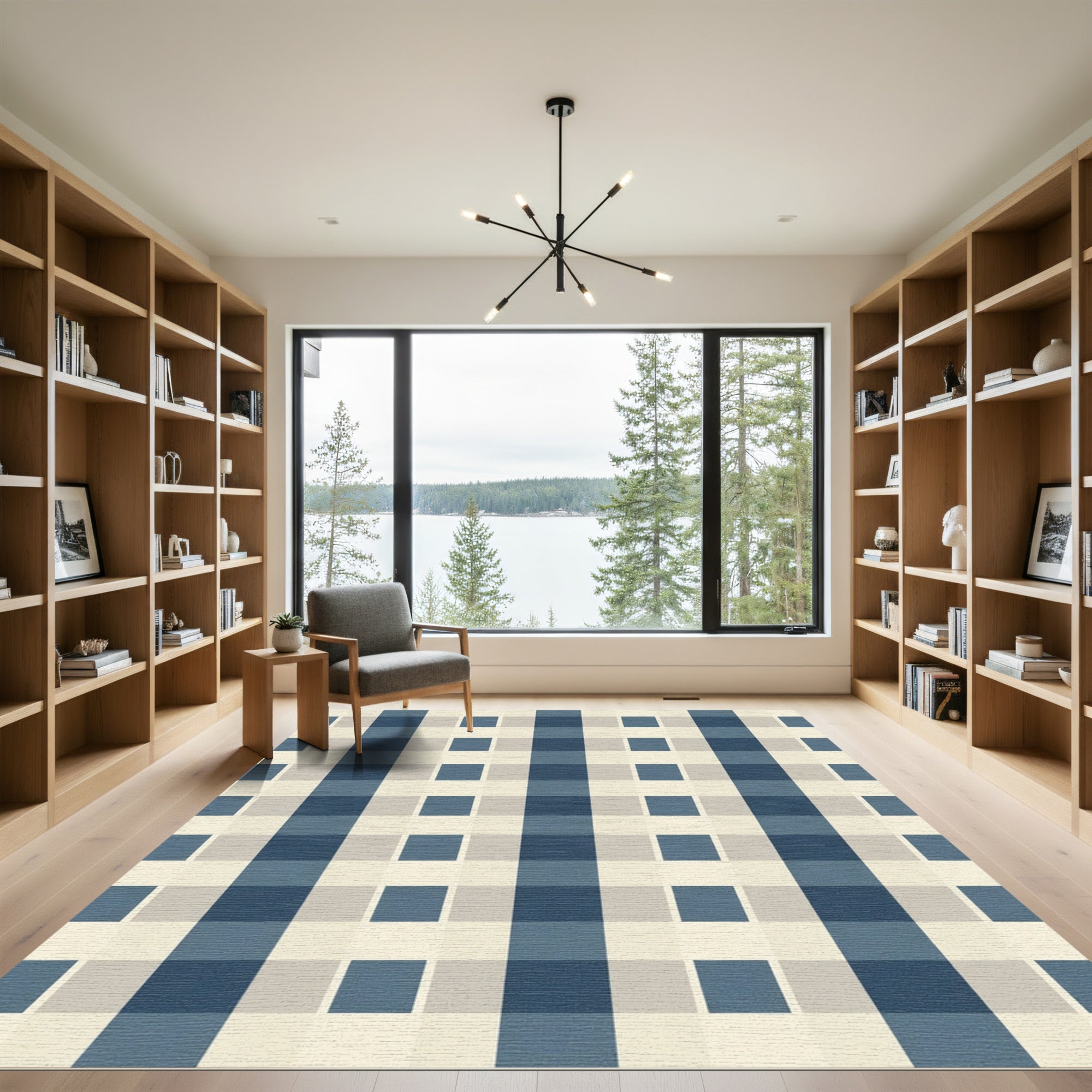 Classic Blue Beige Checkered Rug