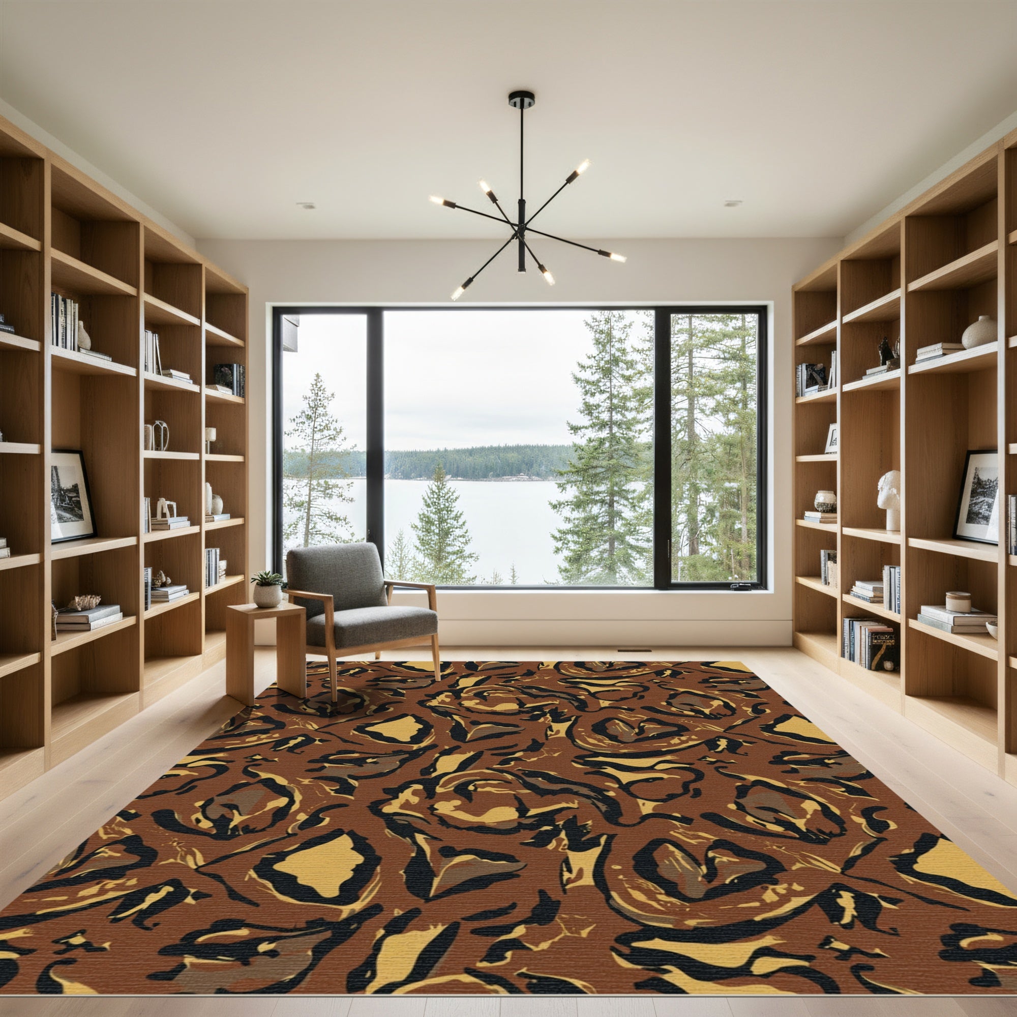 Brown Black Gold Abstract Swirl Rug