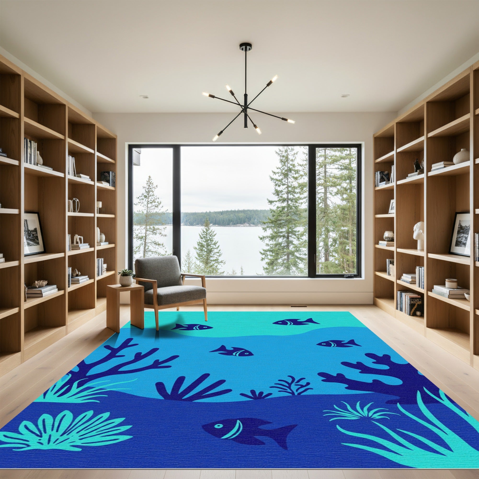 Deep Blue Ocean Coral Fish Scene Rug