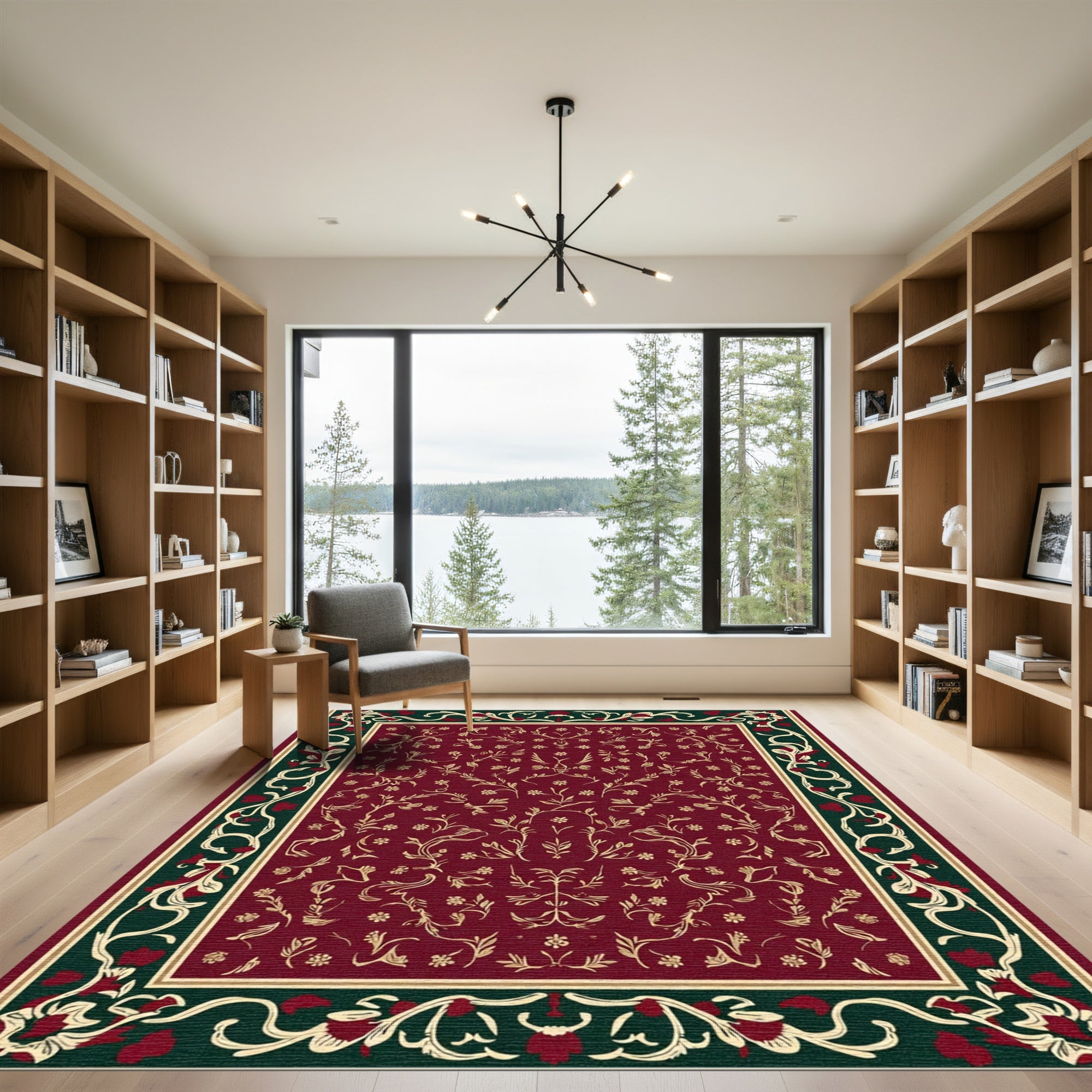 Crimson Floral Scroll Border Rug