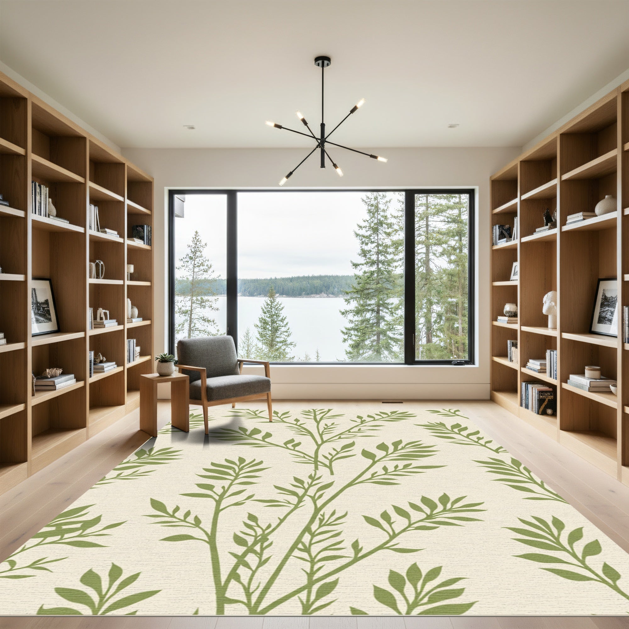 Olive Green Branch Botanic Print Rug