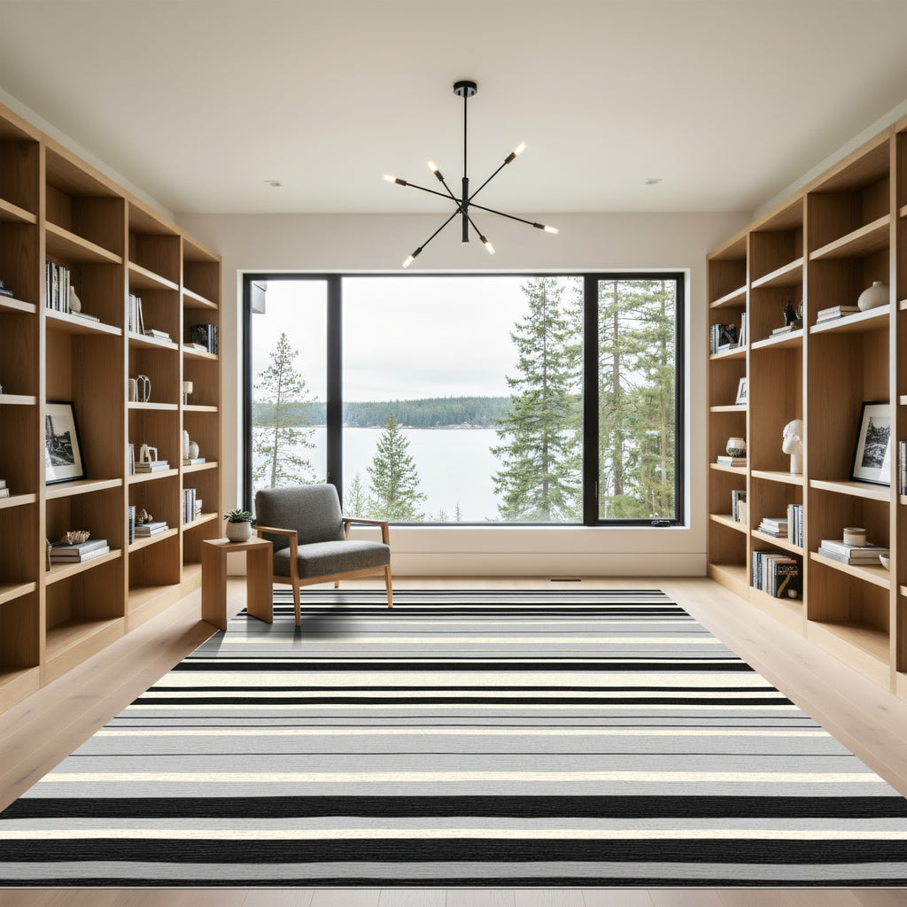 Minimalist Gray Black Cream Striped Rug