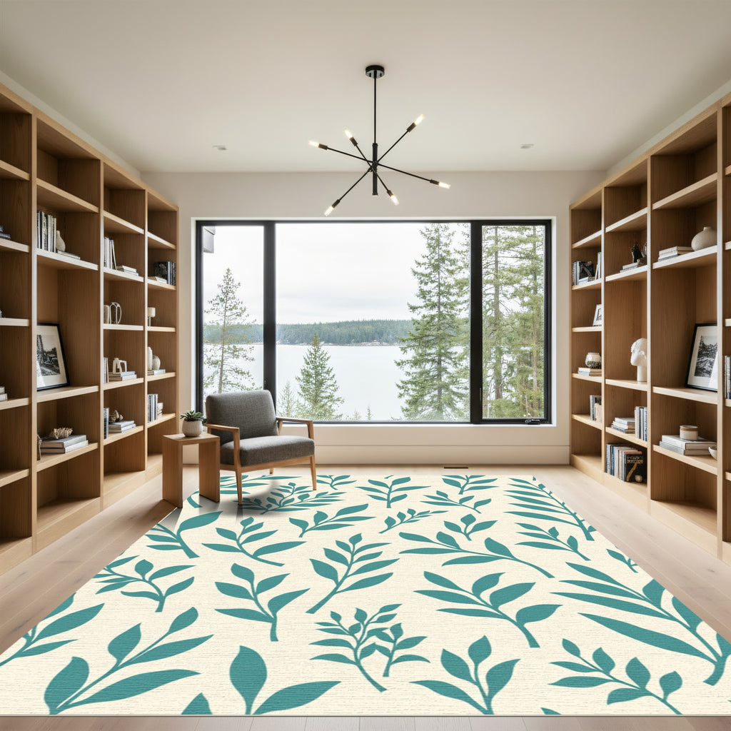 Teal Leafy Branches On Cream Background Rug