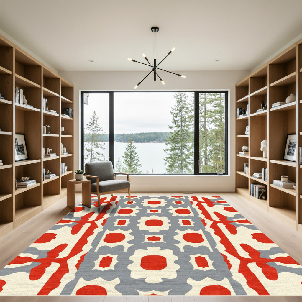 Bold Red Geometric Abstract Medallion Rug