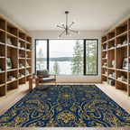 Ornate Gold Blue Symmetrical Scrollwork Rug