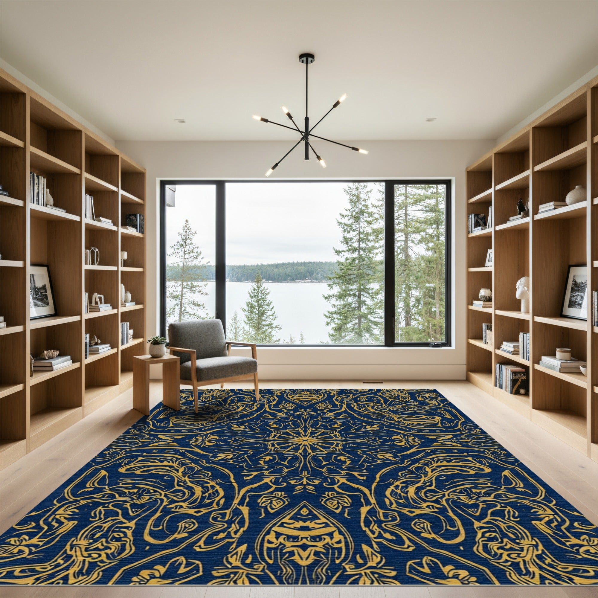 Ornate Gold Blue Symmetrical Scrollwork Rug