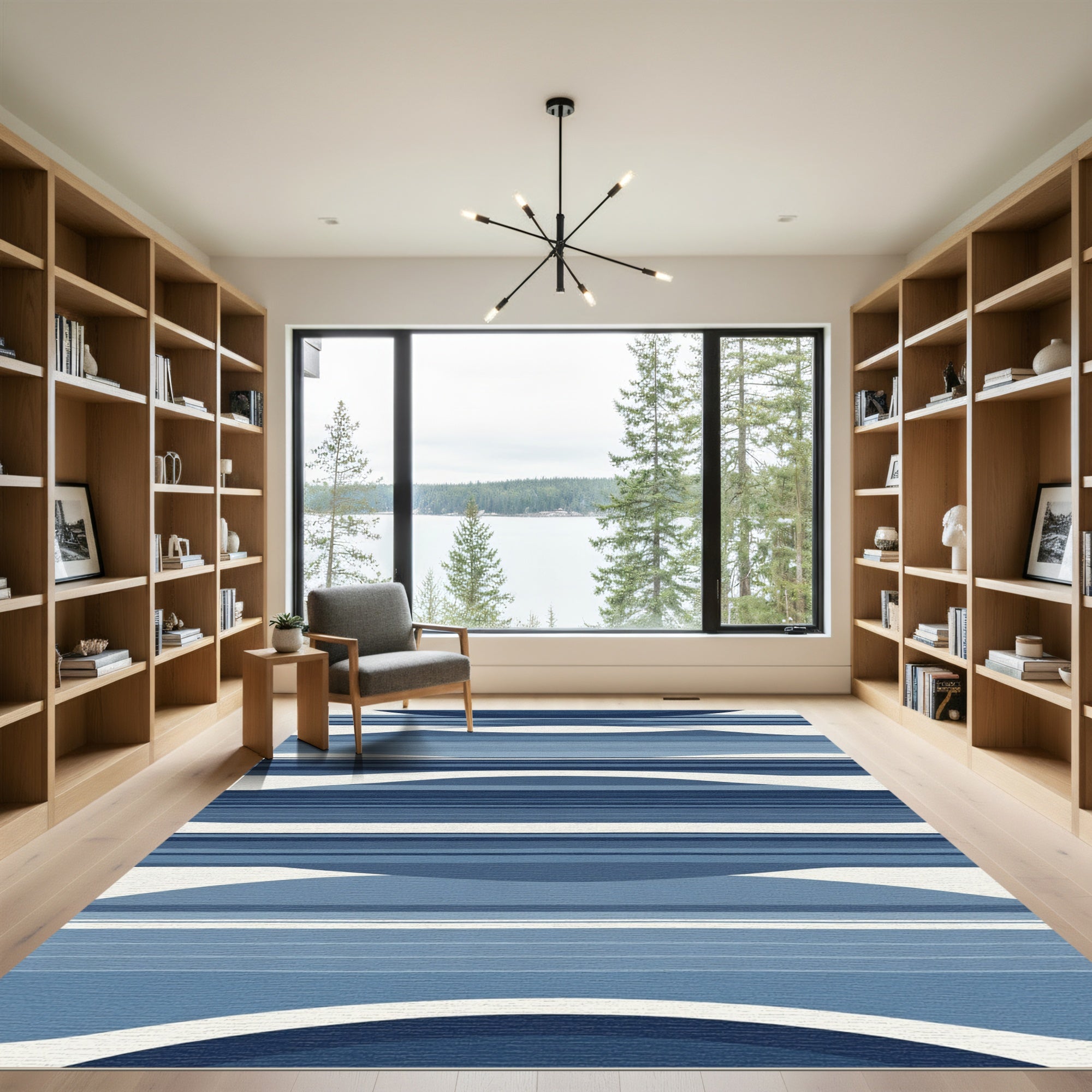 Deep Blue Wave Striped Abstract Rug