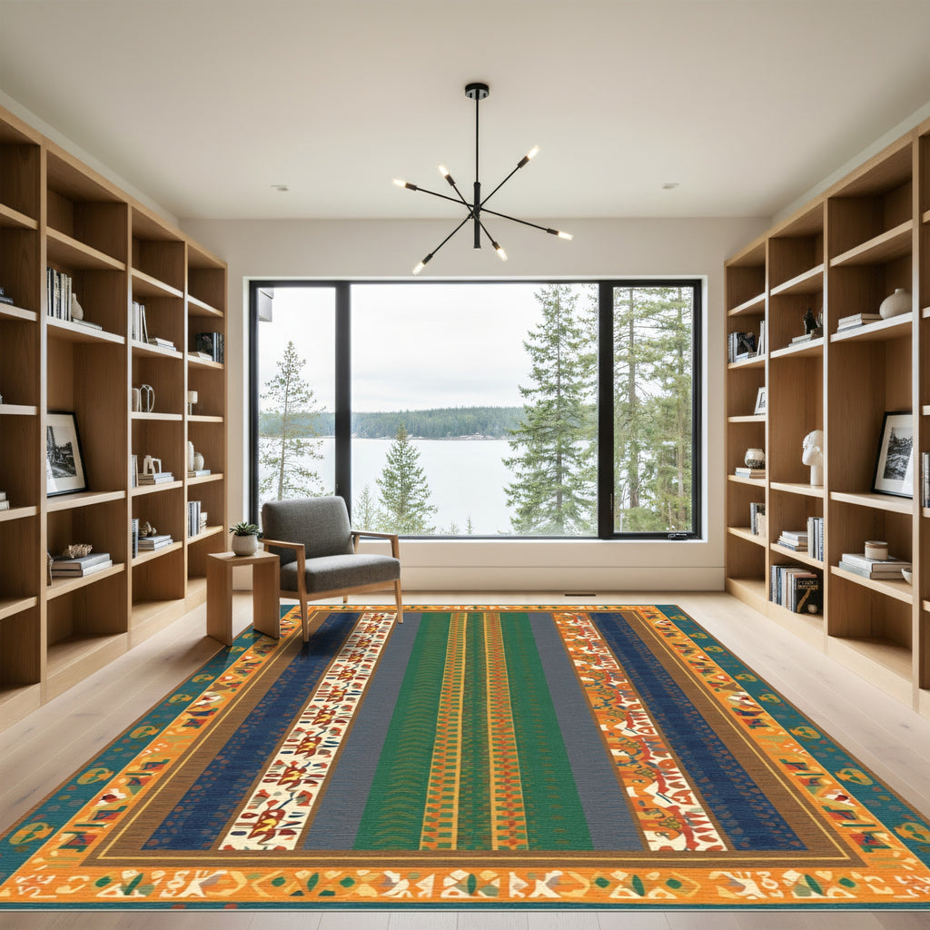 Bold Orange Teal Geometric Stripe Rug