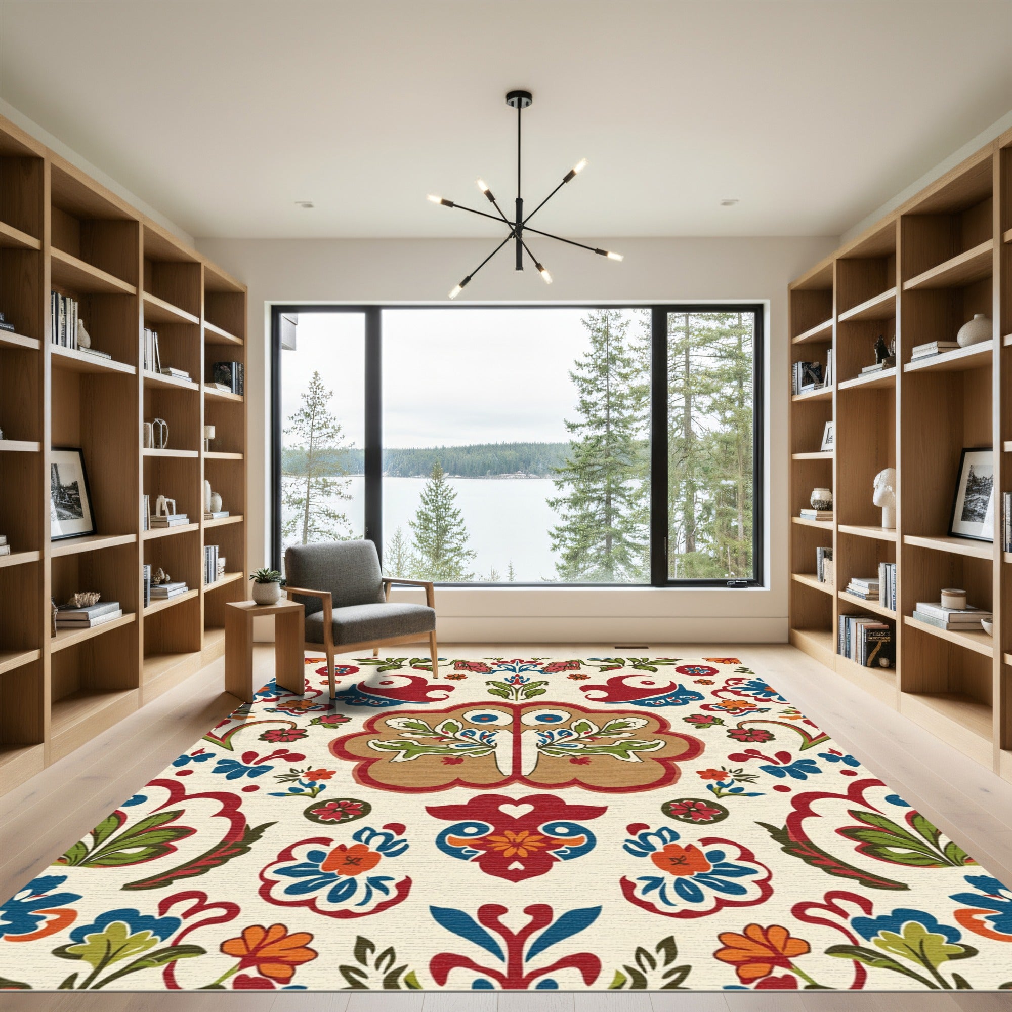 Folk Red Blue Garden Floral Medallion Rug