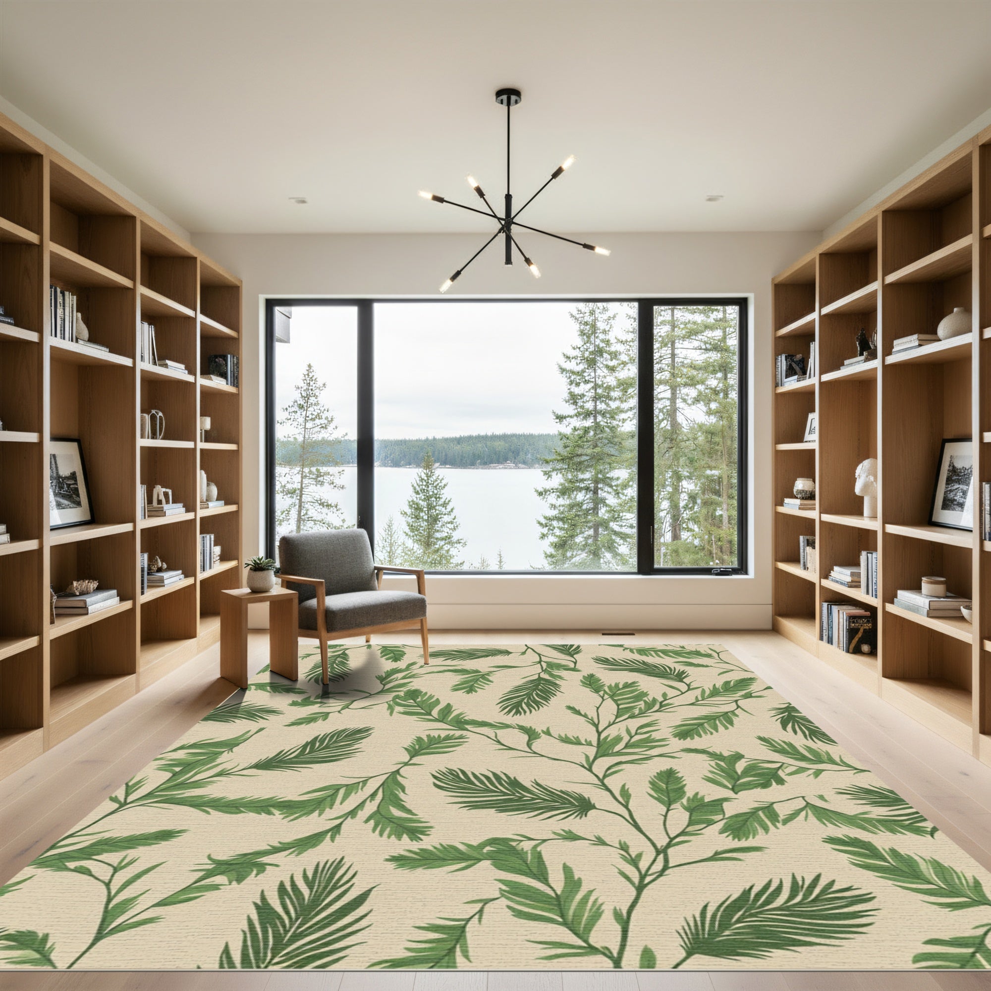 Lush Green Branch Foliage Pattern Rug