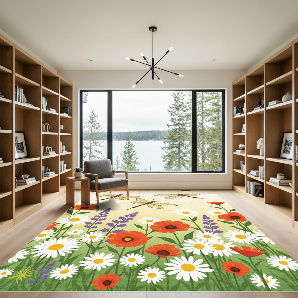 Golden Dragonfly Meadow Floral Garden Rug