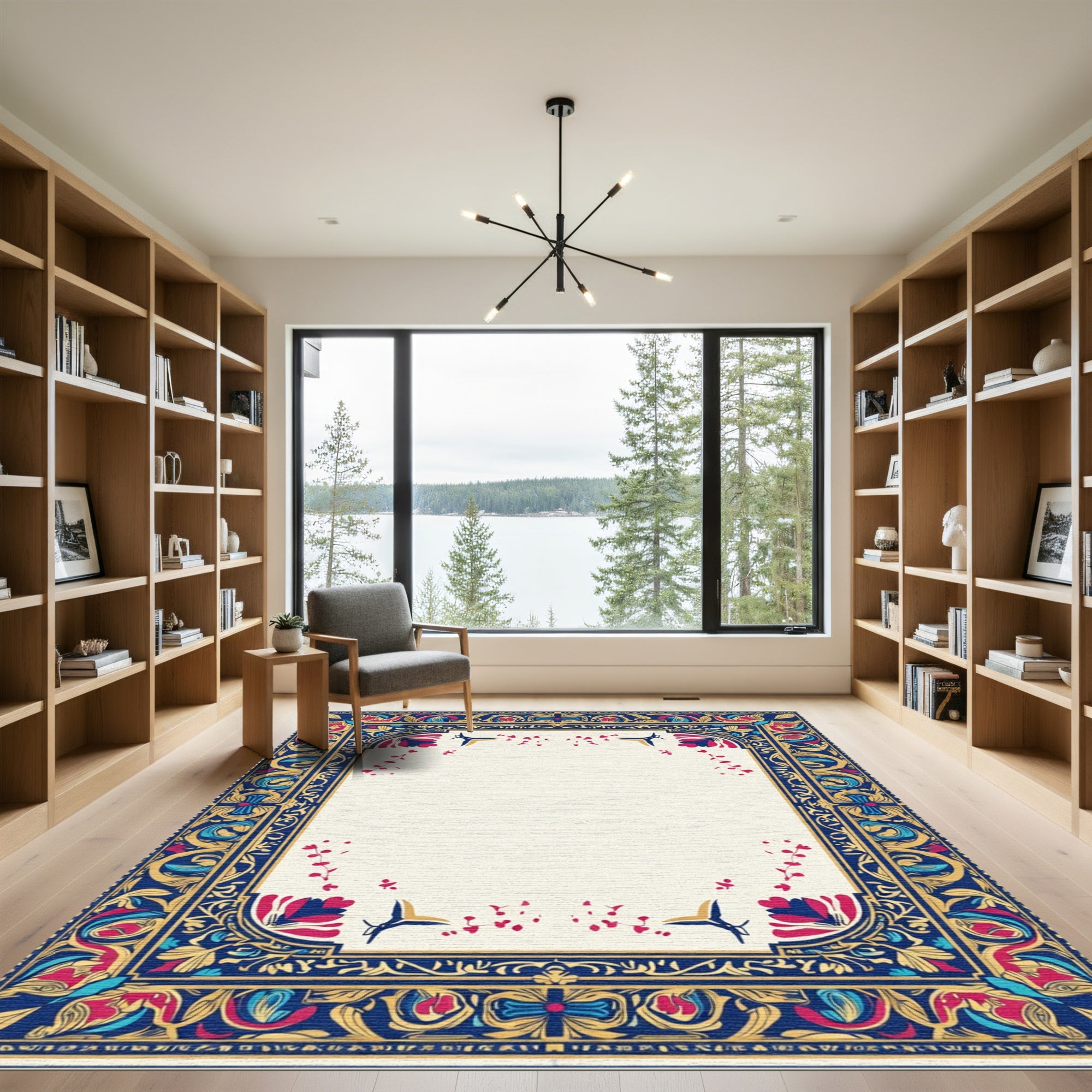 Ornate Crimson Blue Gold Floral Border Rug