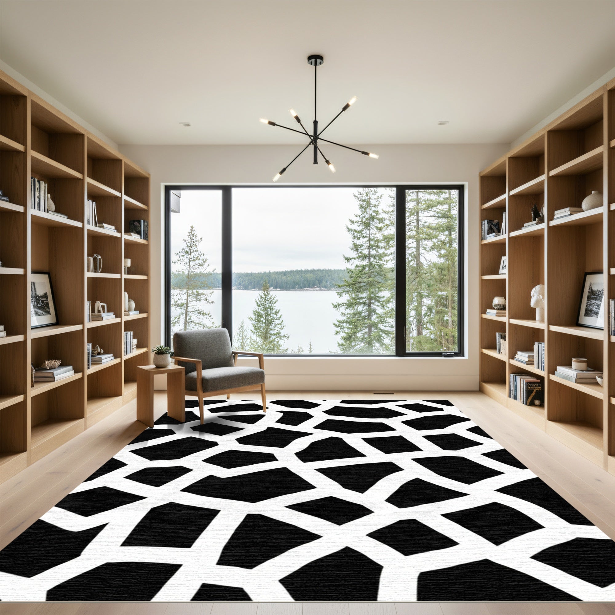 Black White Jagged Network Rug