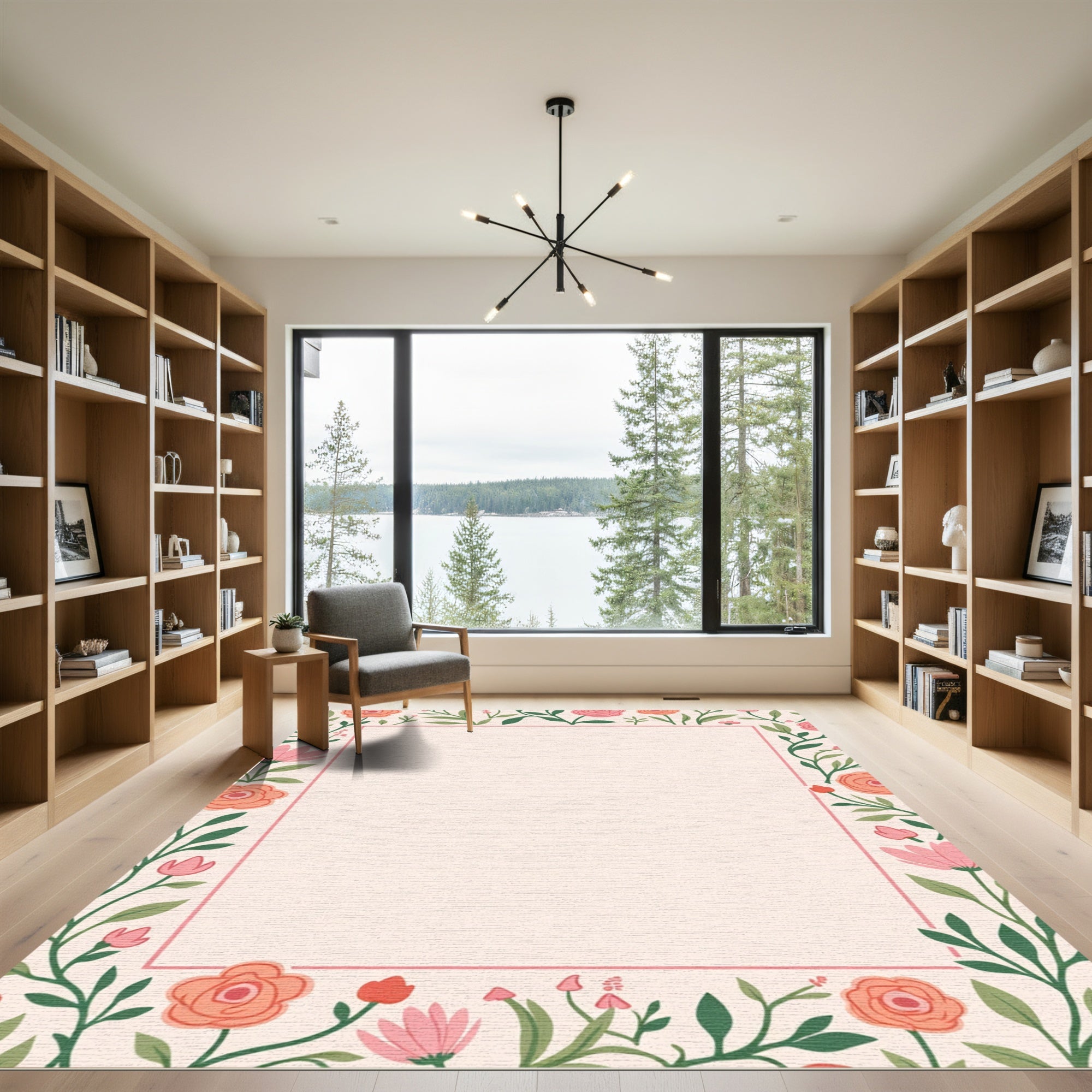 Coral Pink Floral Border Rug