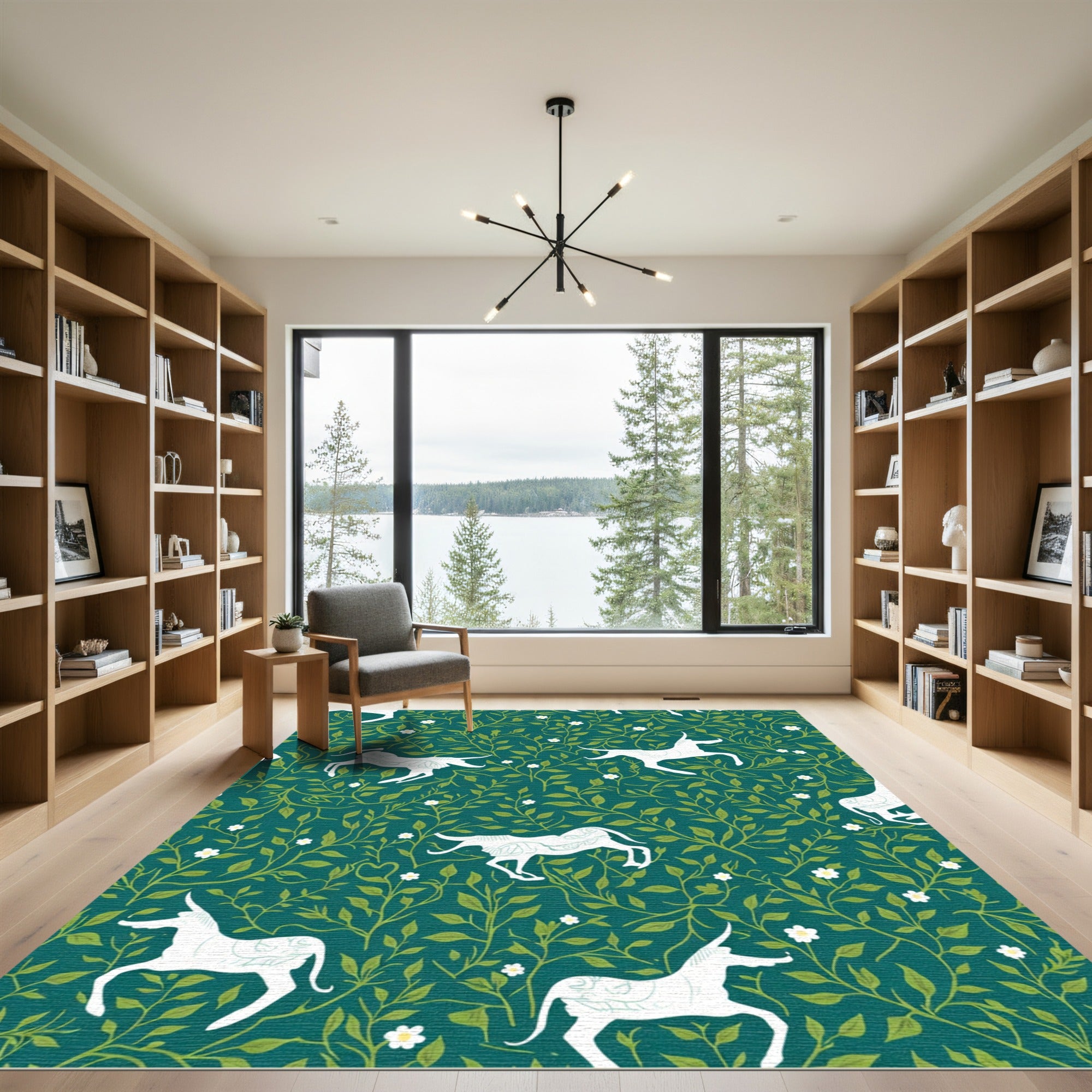 White Unicorn Floral Emerald Garden Rug