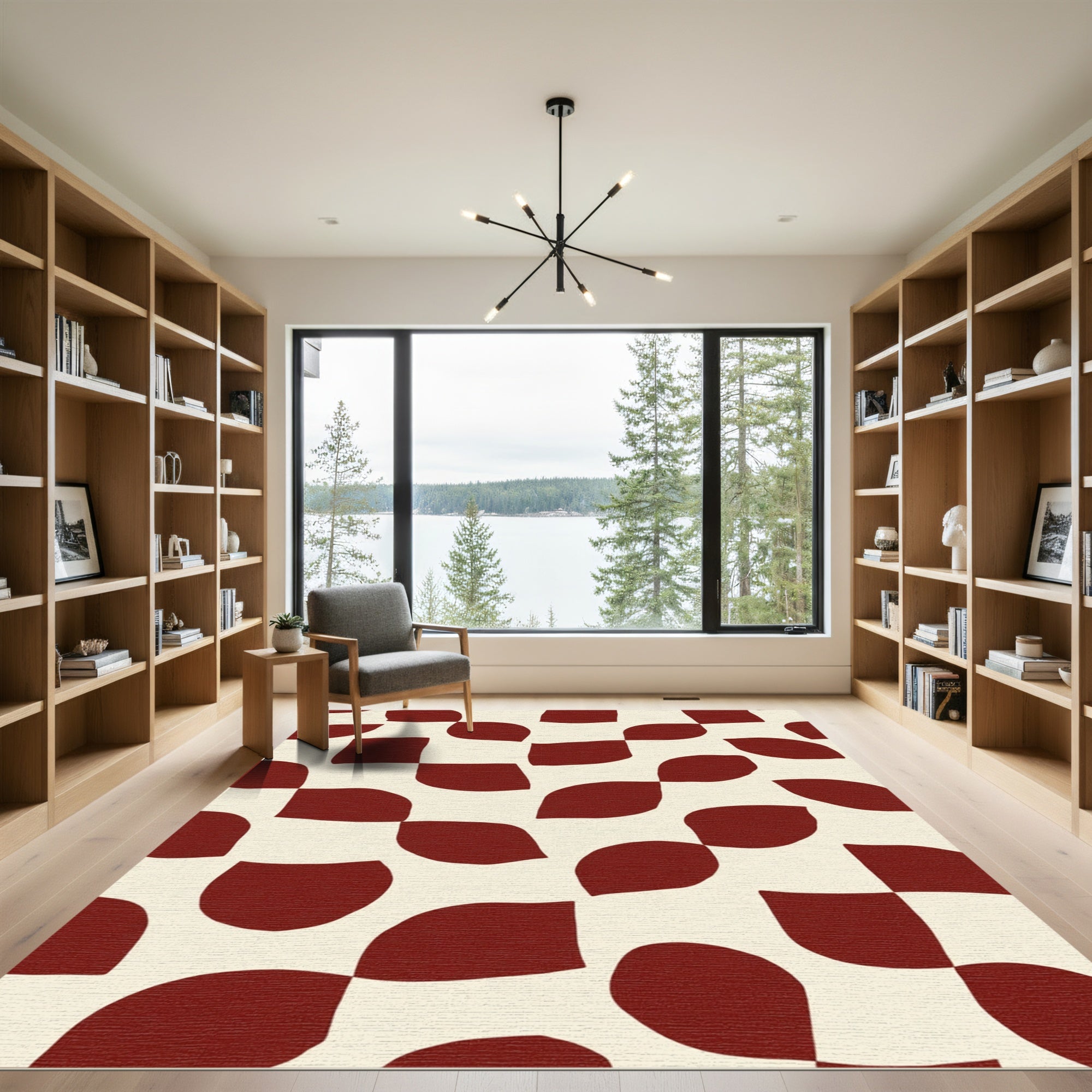 Crimson Abstract Checkered Swirl Rug