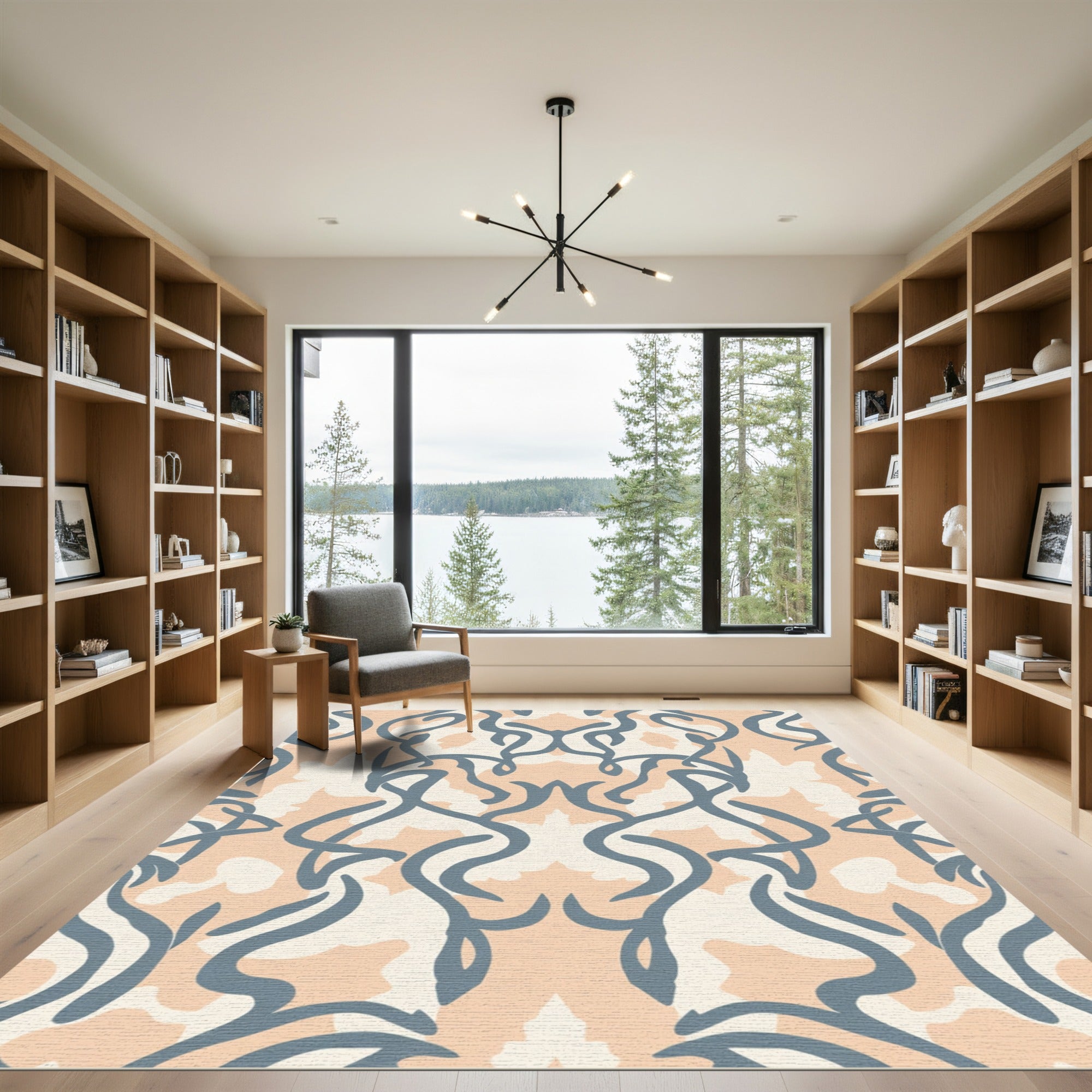 Contemporary Slate Blue And Peach Swirl Rug