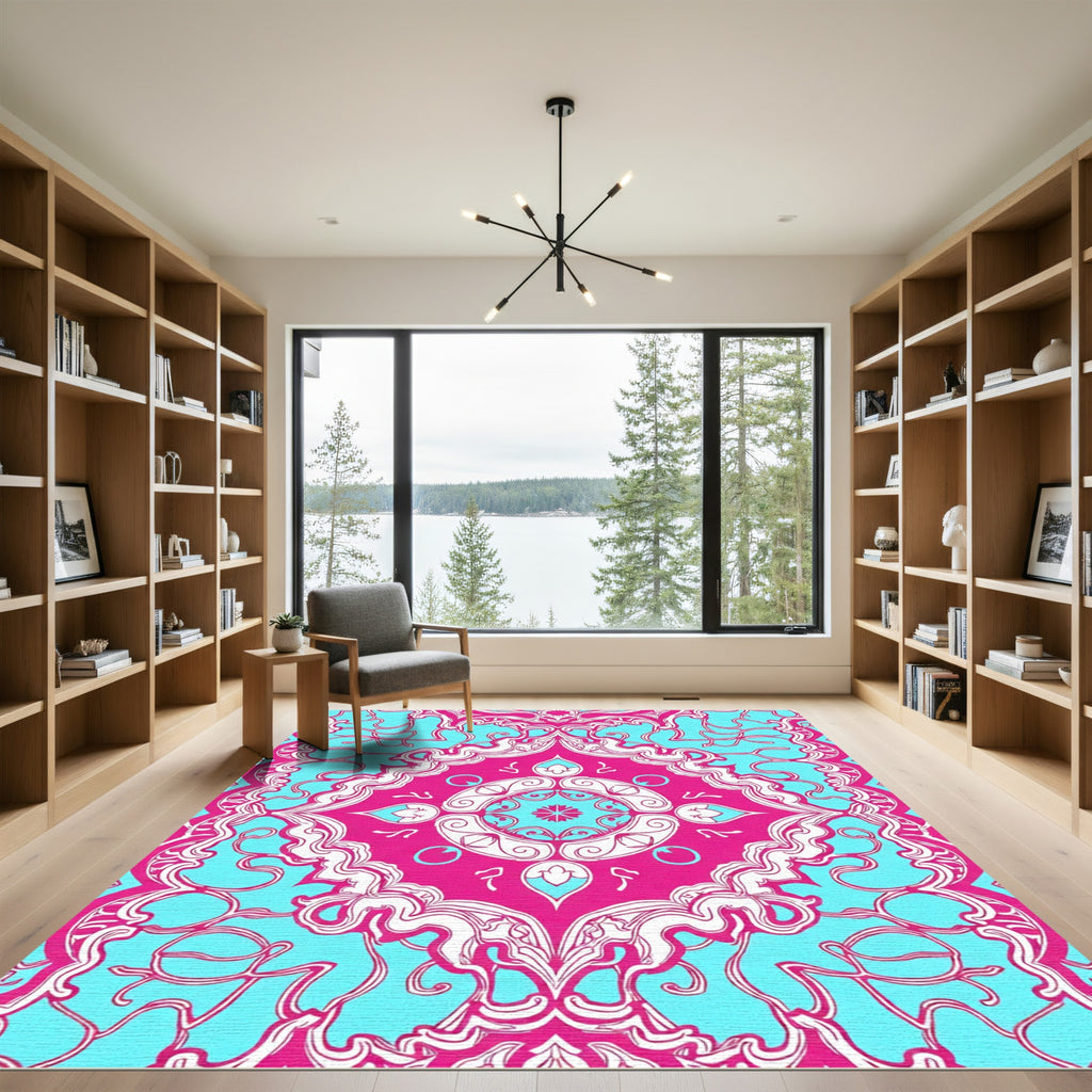 Fuchsia Teal Abstract Floral Medallion Rug