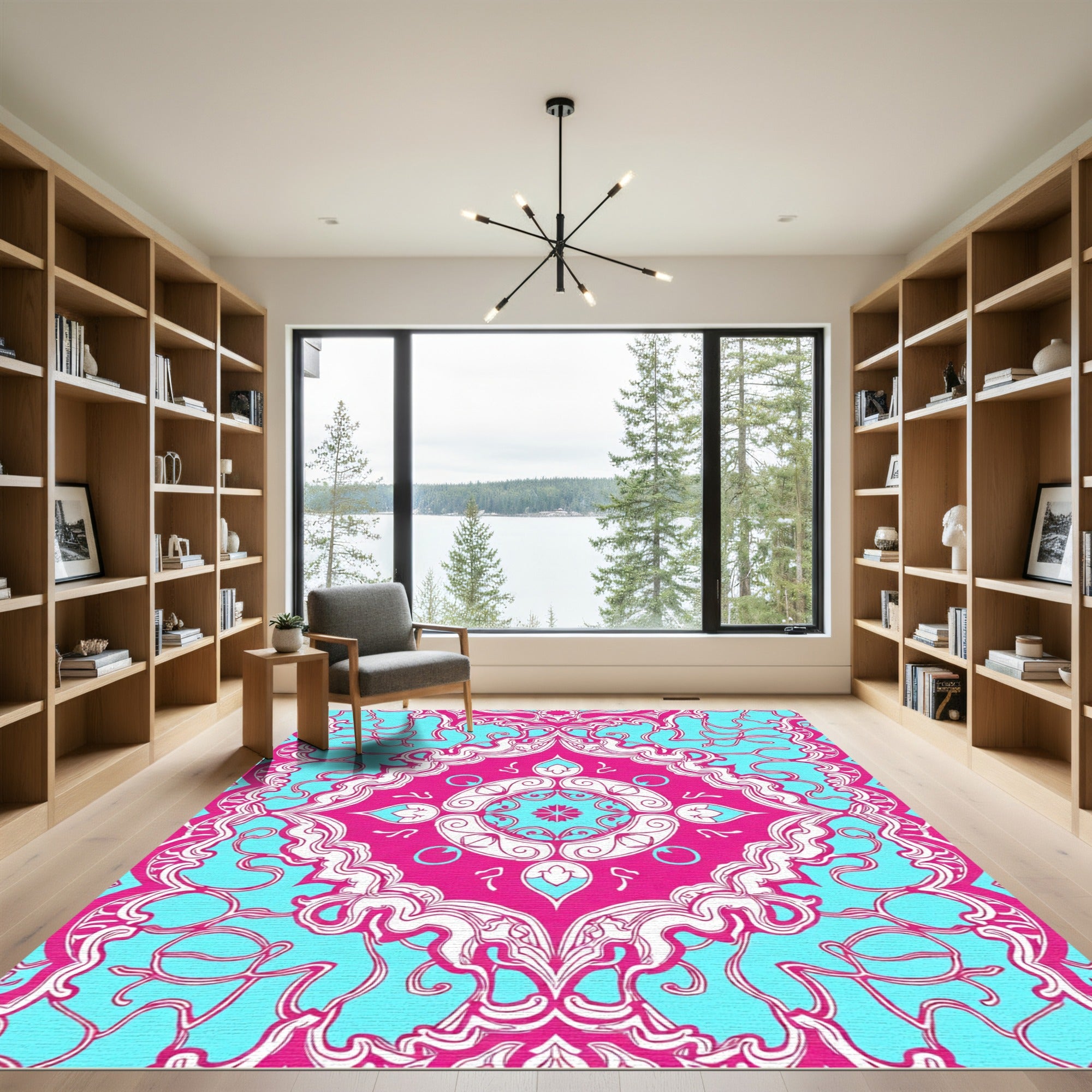 Fuchsia Teal Abstract Floral Medallion Rug