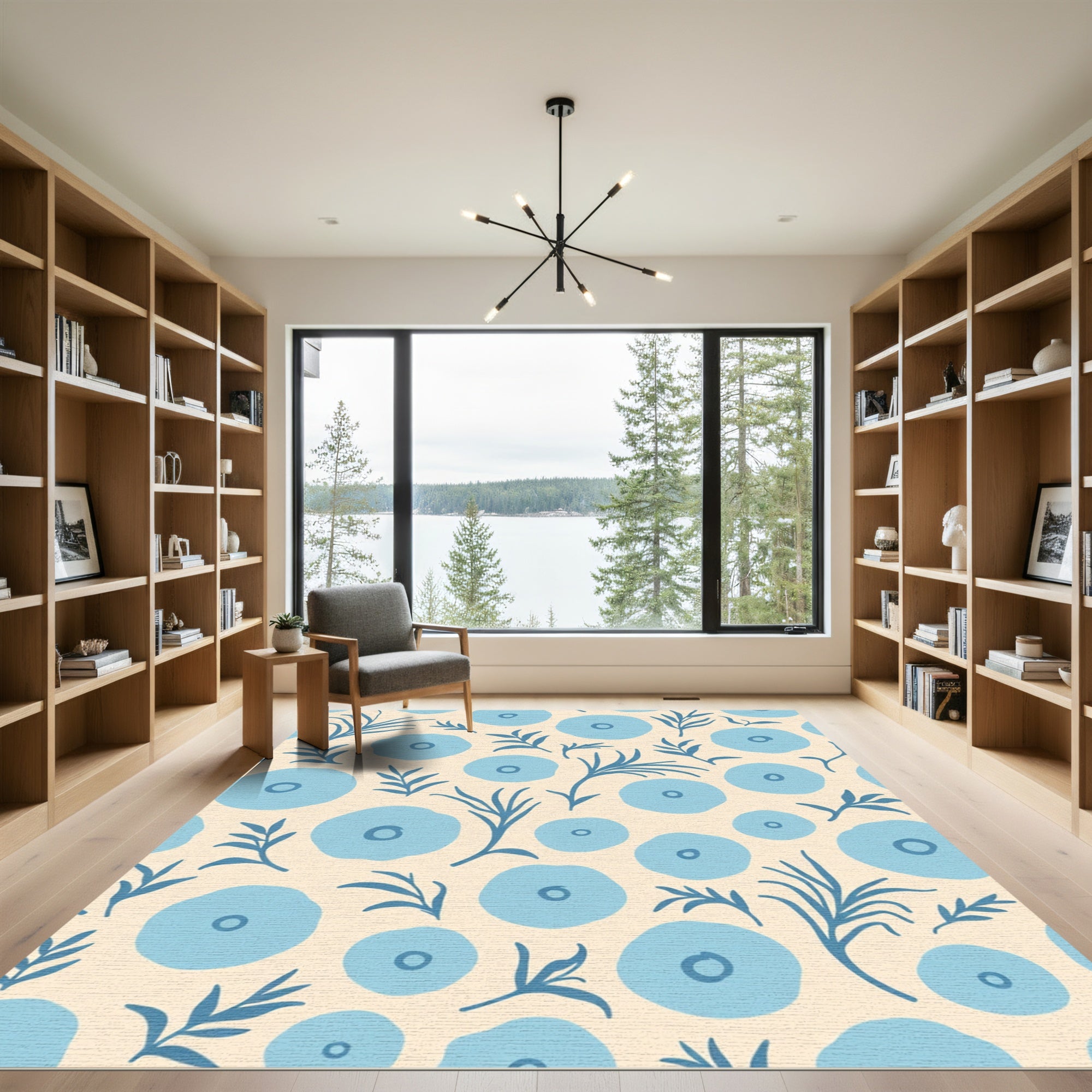 Blue Floral Sprig Patterned Rug
