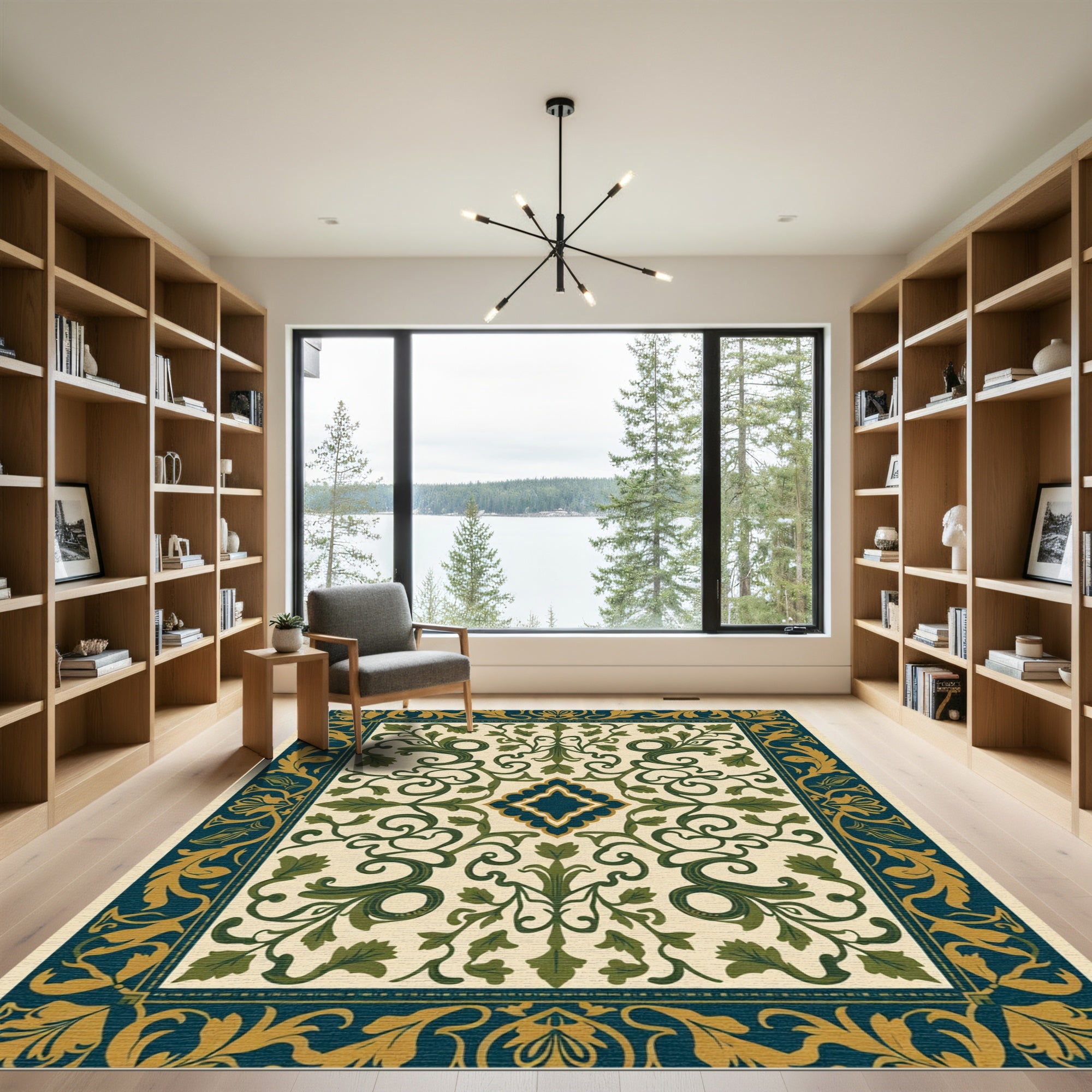 Deep Teal Gold Green Vine Medallion Rug