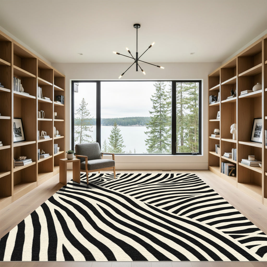 Bold Cream Black Wavy Stripes Rug