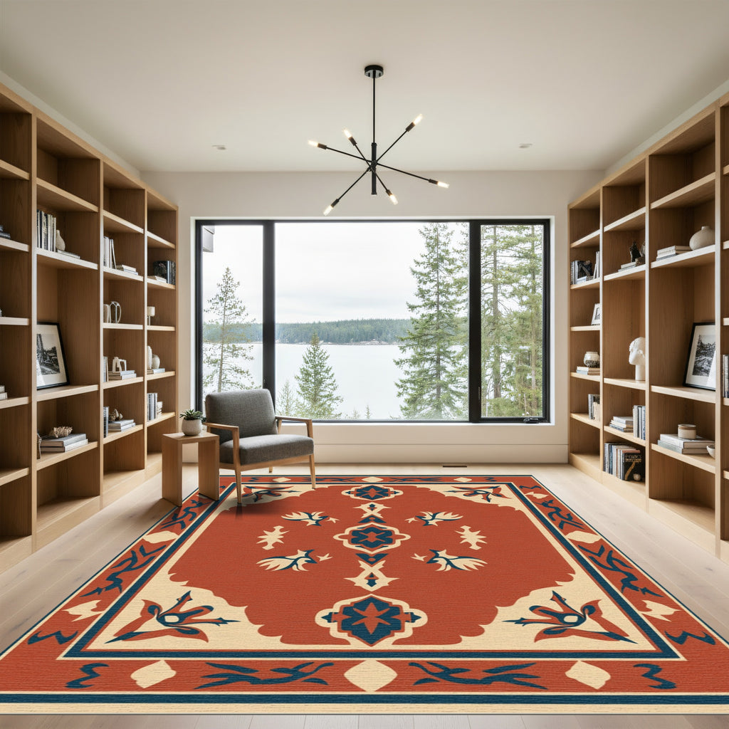 Crimson Blue Floral Medallion Border Rug